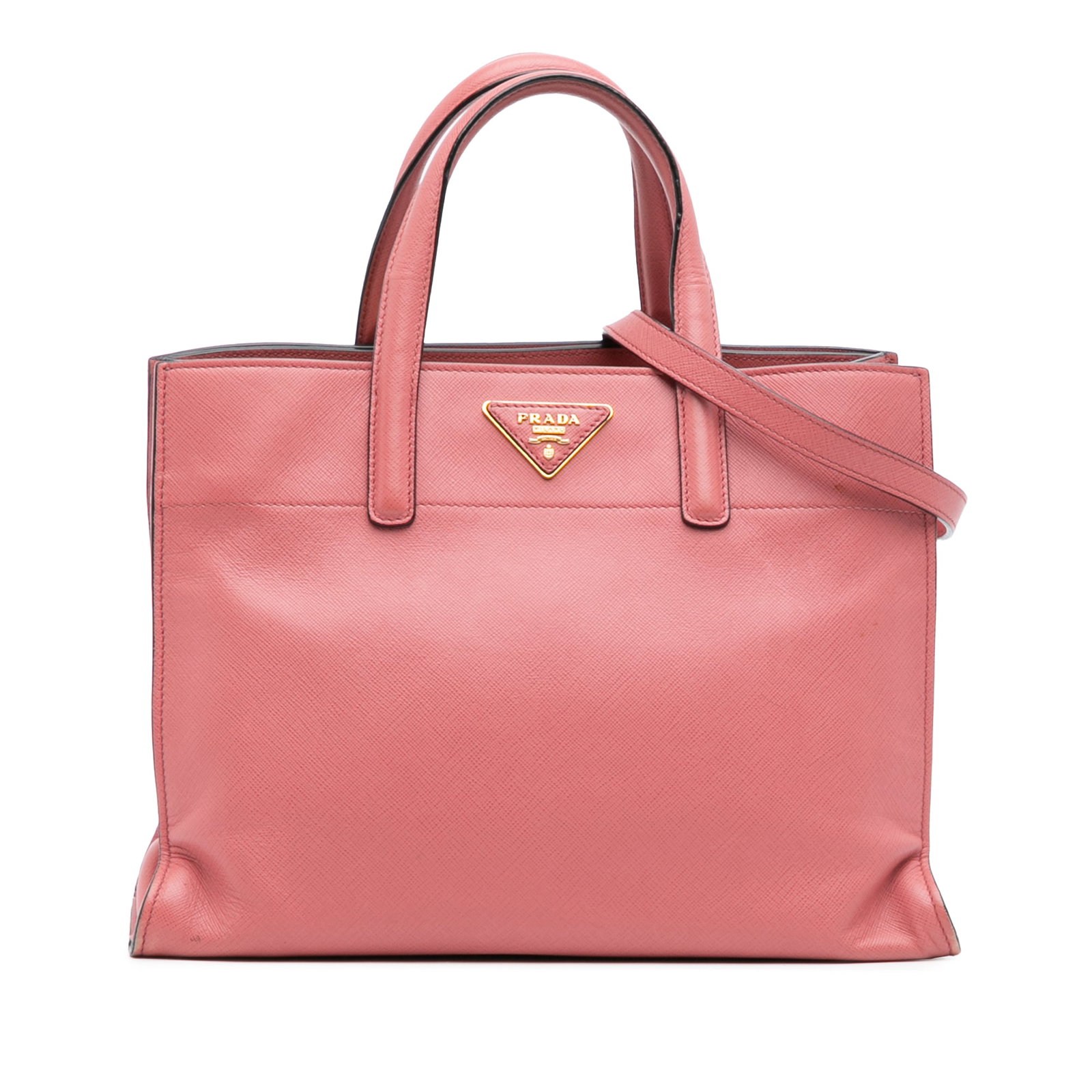 Prada Saffiano Soft Triple Pocket Tote Pink Leather Bag: Prada Saffiano Soft Triple Pocket Tote Pink Leather Bag Introducing the Prada Saffiano Soft Triple Pocket Tote, a stylish and functional satchel crafted from premium saffiano leather. This elegant tot