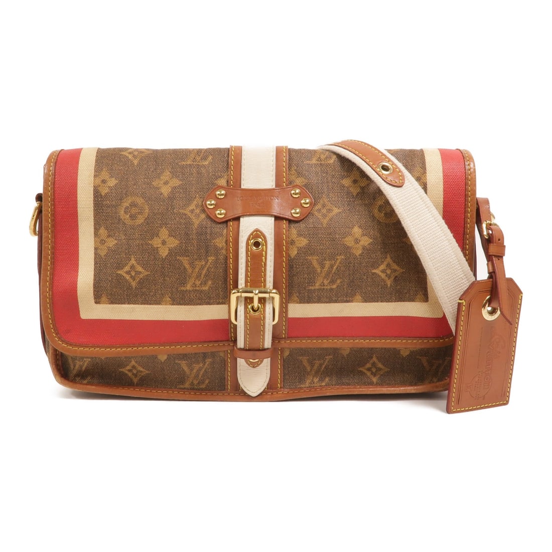 Louis Vuitton Monogram Brown Tissue Porte Rayures Shoulder Bag M56387 GHW: Louis Vuitton Monogram Brown Tissue Porte Rayures Shoulder Bag M56387 GHW This Louis Vuitton shoulder bag features the iconic Monogram pattern in brown PVC coated canvas with gold-tone hardware. Desig