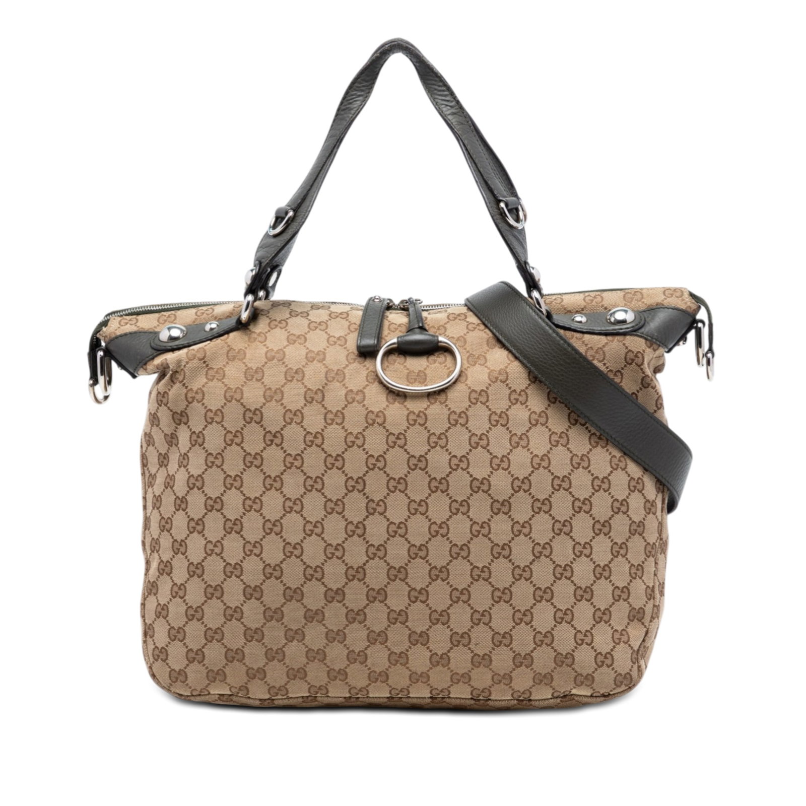 Gucci GG Canvas Icon Bit Beige Satchel with Leather Trim and Strap: Gucci GG Canvas Icon Bit Beige Satchel with Leather Trim and Strap This Gucci Large GG Canvas Icon Bit Satchel features a beige canvas body with leather trim, flat leather handles, and a detachable fl