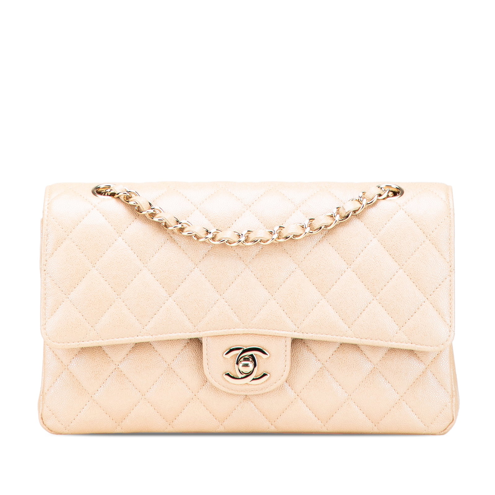 Chanel Medium Classic Iridescent Caviar Double Flap Shoulder Bag Brown: Chanel Medium Classic Iridescent Caviar Double Flap Shoulder Bag Brown This Chanel Medium Classic Iridescent Caviar Double Flap shoulder bag is crafted from quilted caviar leather, showcasing elegance