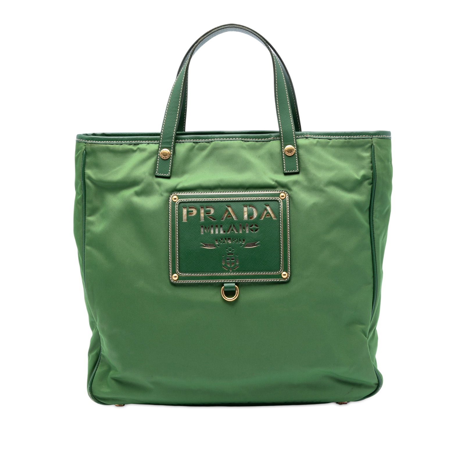 Prada Tessuto Convertible Tote with Saffiano Leather Trim and Logo Plate: Prada Tessuto Convertible Tote with Saffiano Leather Trim and Logo Plate This Prada Saffiano Trimmed Tessuto Logo Plate Convertible Tote features a green nylon body with saffiano leather trim, flat le