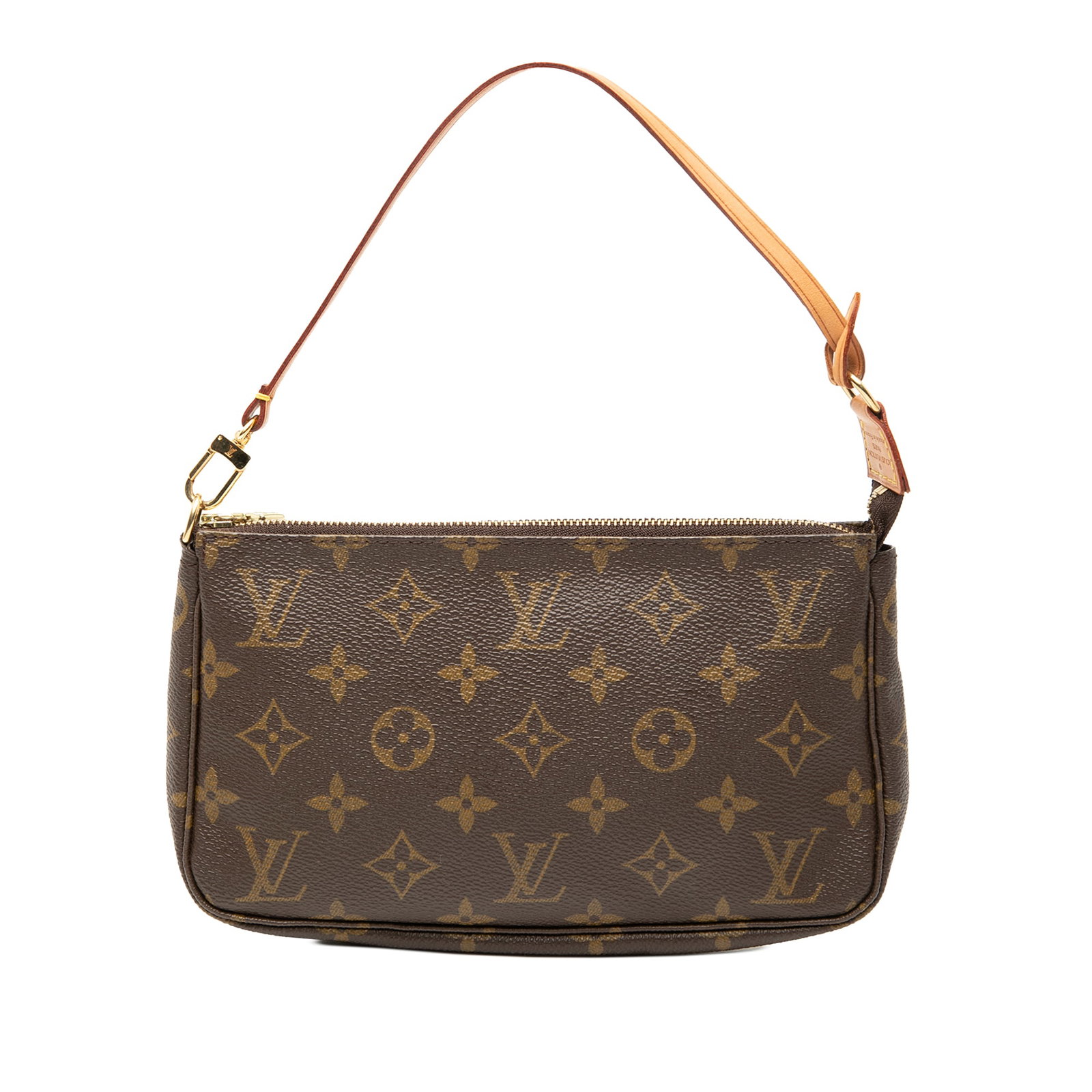 Louis Vuitton Monogram Canvas Pochette Accessoires Handbag with Leather Handle: Louis Vuitton Monogram Canvas Pochette Accessoires Handbag with Leather Handle The Louis Vuitton Monogram Pochette Accessoires features a monogram canvas body, a flat vachetta leather handle, and a to