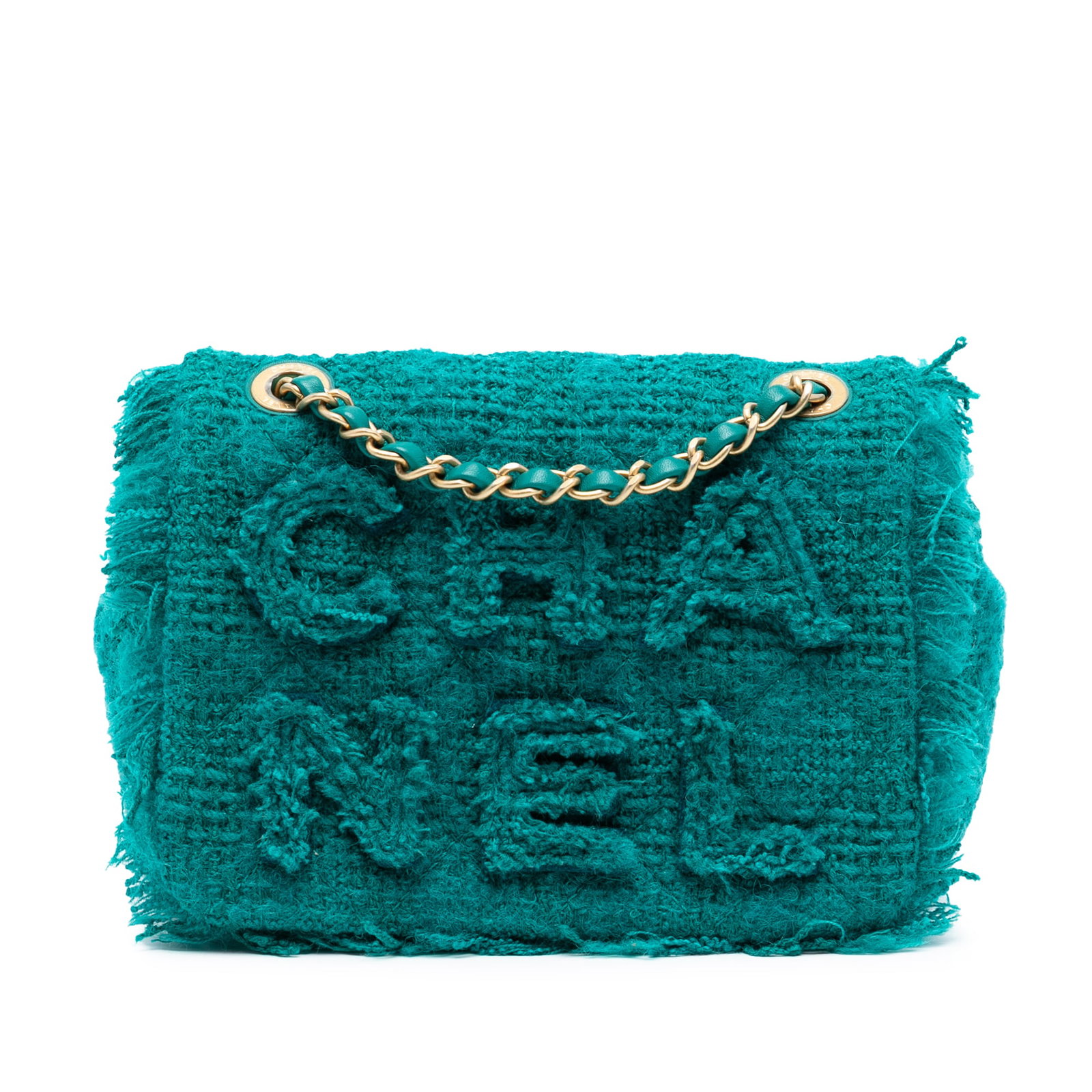 Blue Wool Tweed Flap Bag with Oversized Logo by Chanel Small: Blue Wool Tweed Flap Bag with Oversized Logo by Chanel Small This Chanel Small Wool Tweed Giant Logo Flap bag features a blue tweed fabric exterior, a leather-woven chain strap with a leather guard, a