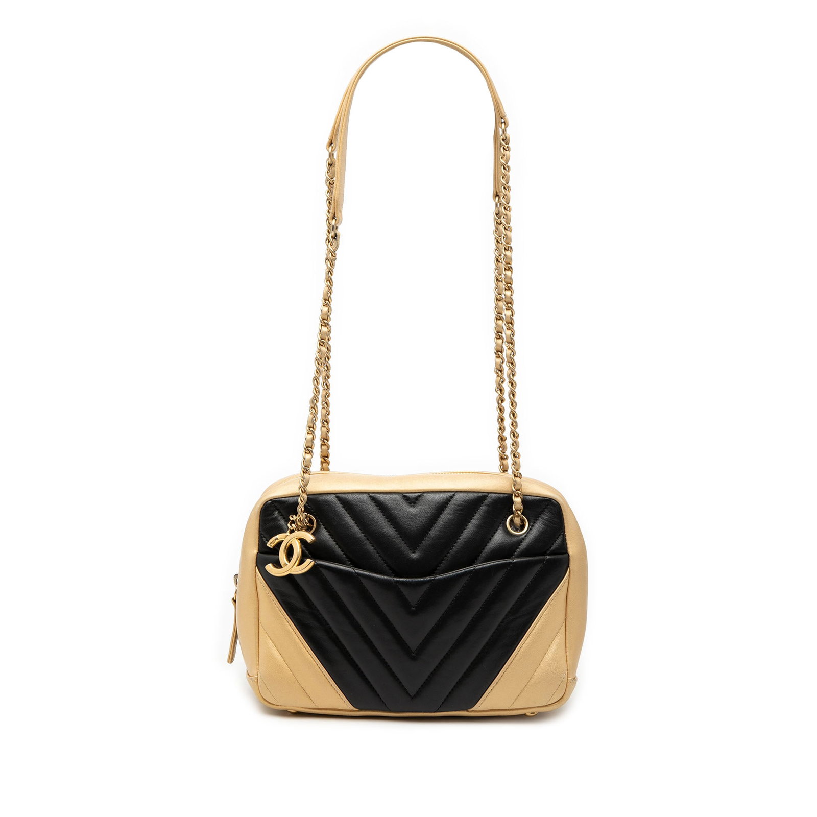 Chanel Black Chevron Quilted Lambskin Camera Bag with Chain Strap: Chanel Black Chevron Quilted Lambskin Camera Bag with Chain Strap This Chanel CC Chevron Lambskin Camera Shoulder Bag features a quilted leather design in black with leather-woven chain shoulder strap