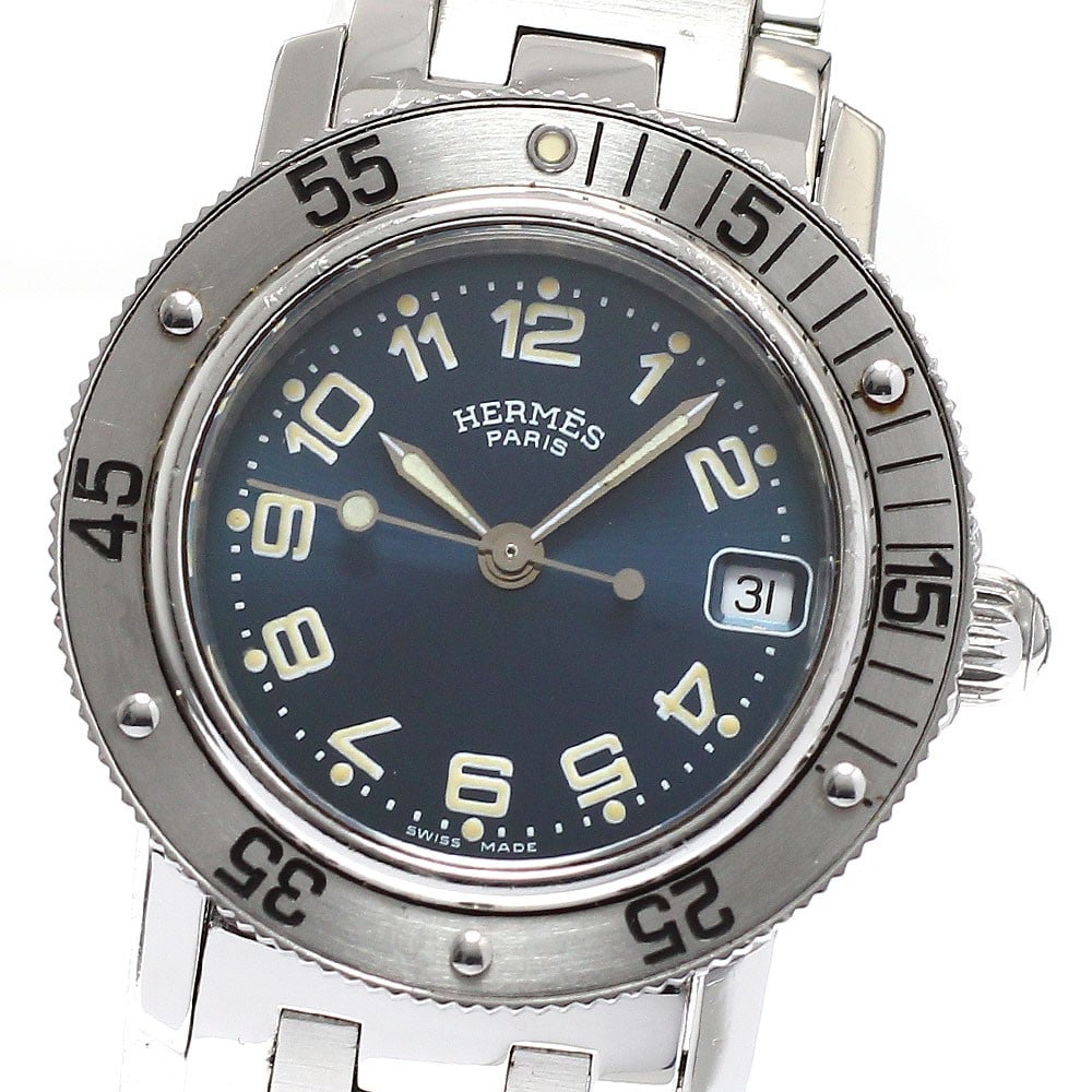 Hermes Clipper Diver Date Quartz Steel Women's Wristwatch: Hermes Clipper Diver Date Quartz Steel Women's Wristwatch This Hermes Clipper Diver Date Quartz wristwatch is designed for women and features a stainless steel case and band with a blue dial. The watc