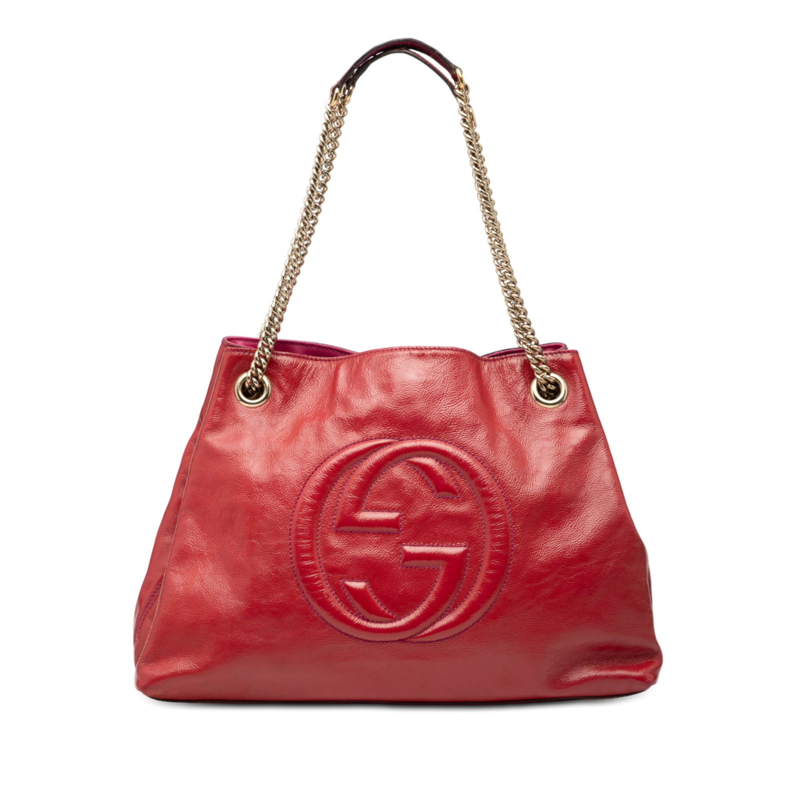 Red Leather Soho Chain Tote Bag by Gucci Medium Size: Red Leather Soho Chain Tote Bag by Gucci Medium Size This Gucci Medium Leather Soho Chain Tote features a red leather exterior with chain link straps and a leather guard. The open top is secured with 