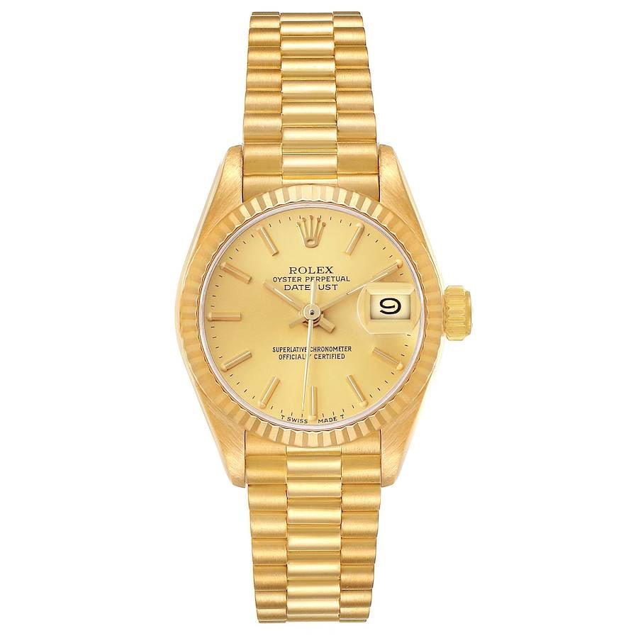 Champagne Stick Dial Datejust Lady President Watch Ref 69178 with Papers 1983: Champagne Stick Dial Datejust Lady President Watch Ref 69178 with Papers 1983 This Rolex Datejust Lady President features a champagne stick dial and a fluted bezel, paired with the iconic President br