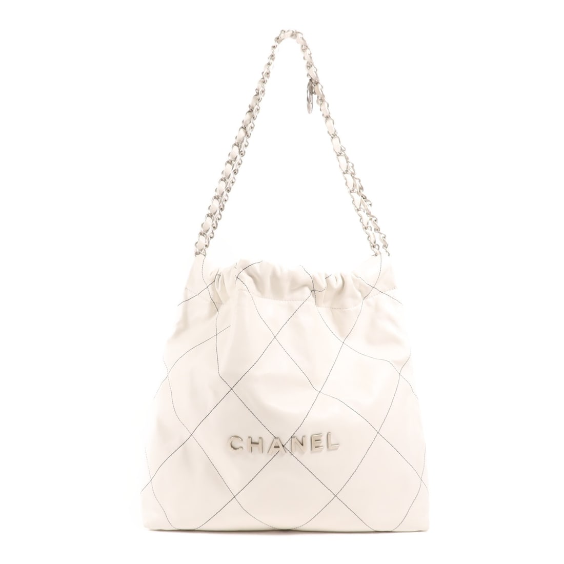 CHANEL 22 Small White Lambskin Chain Shoulder Bag SHW: CHANEL 22 Small White Lambskin Chain Shoulder Bag SHW Introducing the CHANEL 22 Small Chain Shoulder Bag, a stunning accessory crafted from luxurious lambskin leather in a pristine white hue. This sty