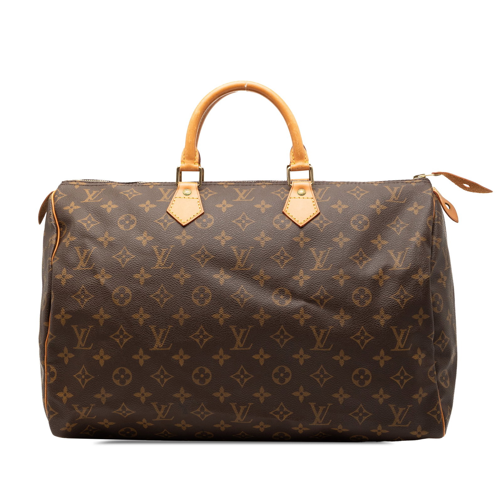 Louis Vuitton Speedy 40 Brown Monogram Canvas Satchel with Leather Trim: Louis Vuitton Speedy 40 Brown Monogram Canvas Satchel with Leather Trim The Louis Vuitton Monogram Speedy 40 is crafted from monogram canvas with vachetta leather trim and features rolled vachetta lea