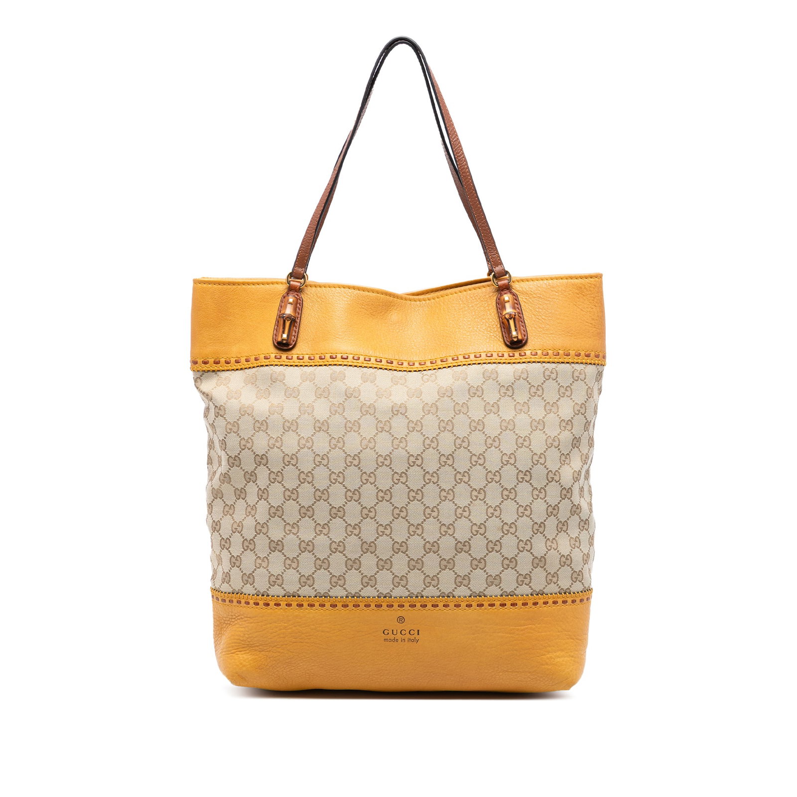 Gucci Crafty Tote in Large Beige GG Canvas with Bamboo Accents: Gucci Crafty Tote in Large Beige GG Canvas with Bamboo Accents This Gucci Large GG Canvas Laidback Crafty Tote features a canvas body complemented by flat leather straps with distinctive bamboo detail