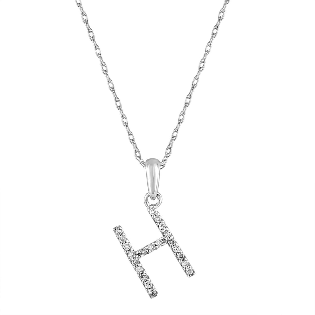 Diamond H Initial Pendant Necklace in 14k White Gold: Diamond H Initial Pendant Necklace in 14k White Gold This 14k white gold necklace features a round pendant with a diamond initial 'H'. The pendant is adorned with white diamonds totaling 0.06 carats, 