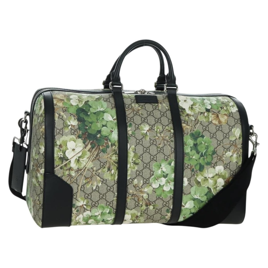 Gucci GG Blooms Boston Bag Beige Silver PVC Canvas with Shoulder Strap: Gucci GG Blooms Boston Bag Beige Silver PVC Canvas with Shoulder Strap This Gucci GG Blooms GG Supreme Boston bag features a beige and silver design crafted from PVC leather and GG canvas. The bag off
