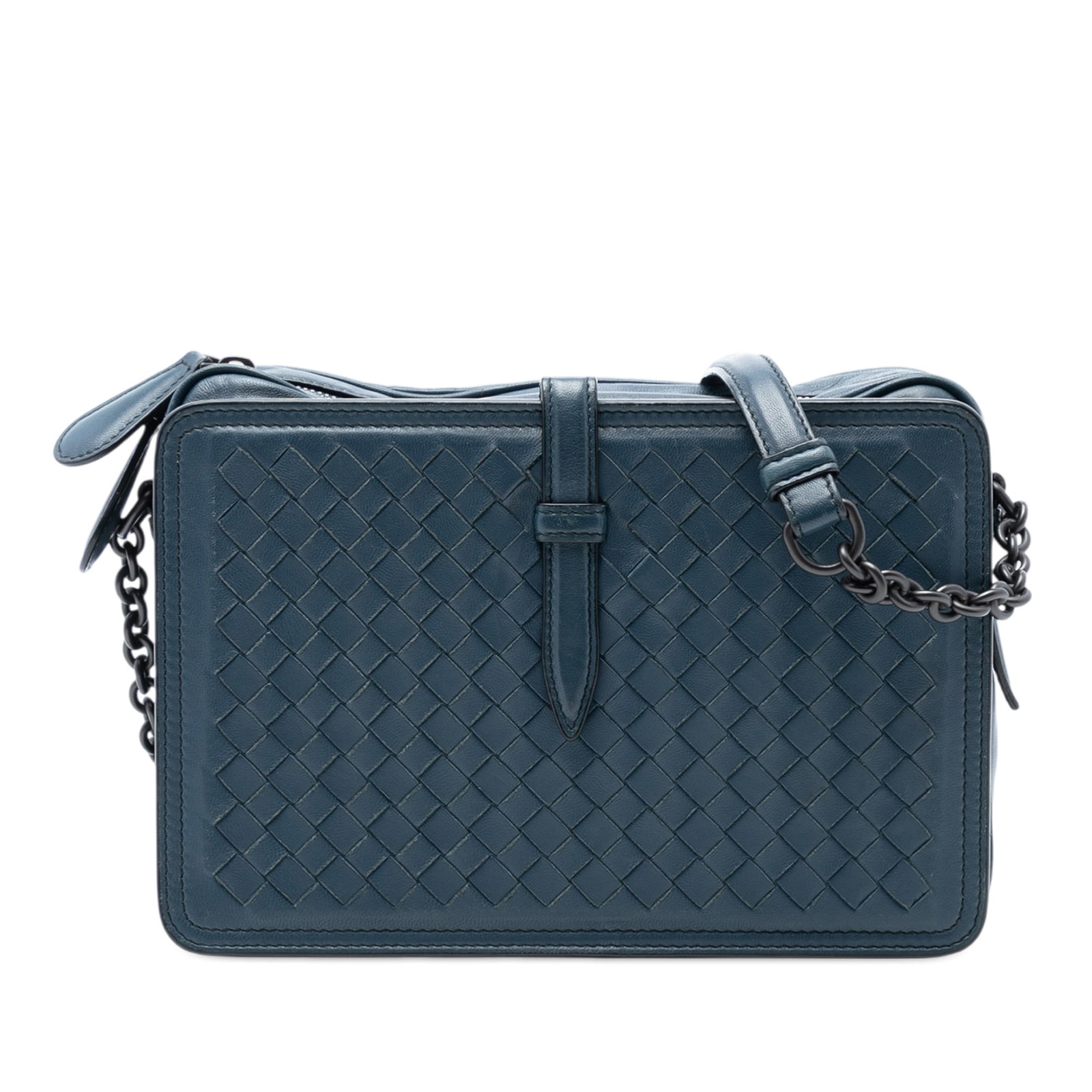 Bottega Veneta Intrecciato Blue Leather Shoulder Camera Bag with Chain Strap: Bottega Veneta Intrecciato Blue Leather Shoulder Camera Bag with Chain Strap This Bottega Veneta Nappa Intrecciato Belt Flap Camera Bag is crafted from woven nappa leather in blue and features a chain