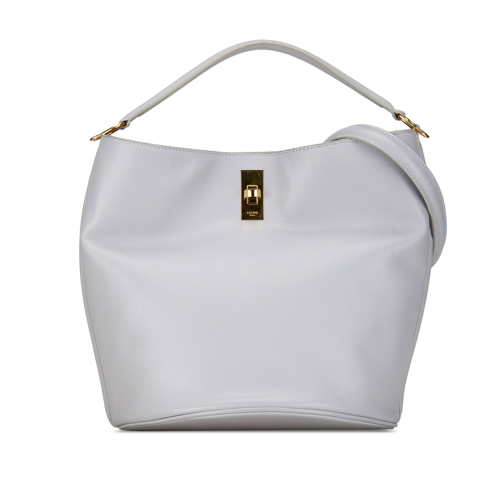 Celine Teen Bucket 16 Blue Leather Handbag with Turn-Lock Closure: Celine Teen Bucket 16 Blue Leather Handbag with Turn-Lock Closure The Celine Teen Bucket 16 is a stylish and functional handbag crafted from premium leather. It features a rolled handle and a detachab