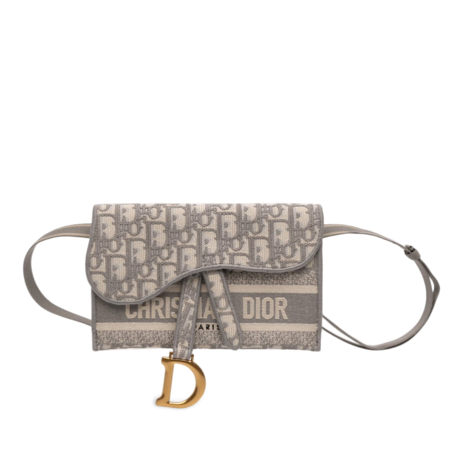Dior Saddle Belt Bag in Gray Oblique Canvas with Embroidery: Dior Saddle Belt Bag in Gray Oblique Canvas with Embroidery This Dior Oblique Canvas Embroidered Saddle Belt Bag features a canvas body with leather trim, an adjustable flat waist strap, a front flap,