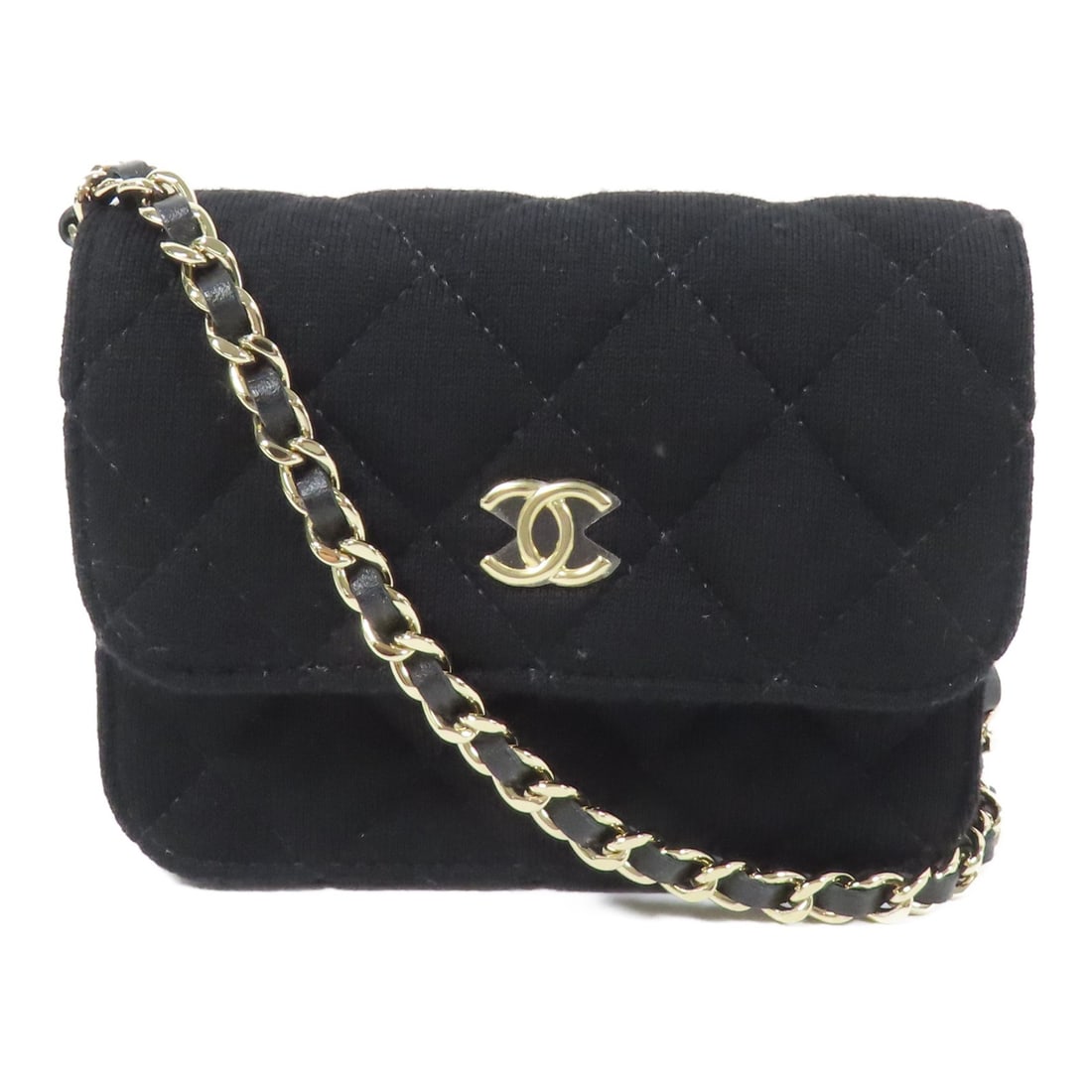 Black Cotton CHANEL Mini Shoulder Chain Bag GHW: Black Cotton CHANEL Mini Shoulder Chain Bag GHW This CHANEL mini shoulder bag features a classic CC design with gold-tone hardware. Crafted from black cotton, it offers a compact and stylish option fo