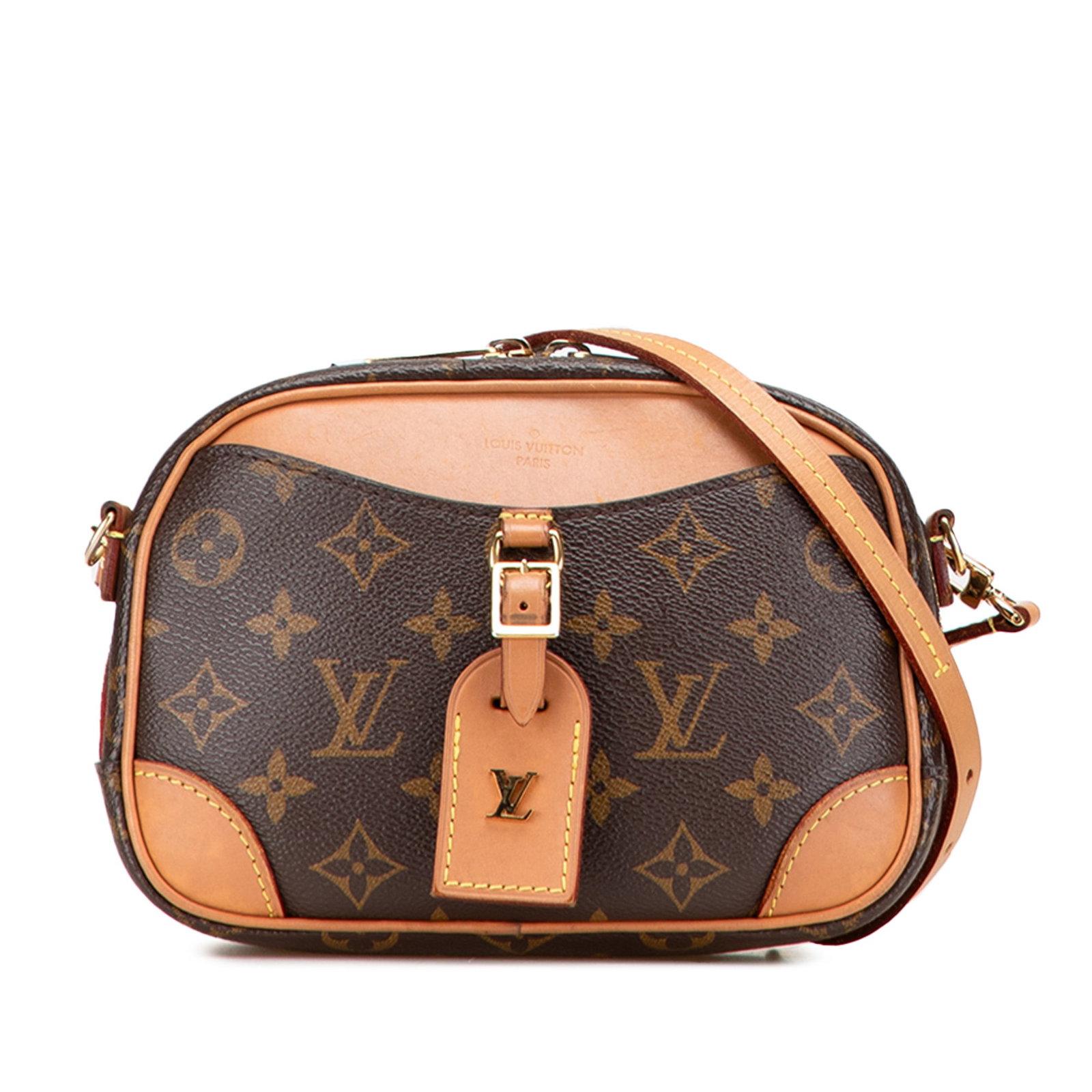 Louis Vuitton Monogram Mini Deauville Bag with Vachetta Trim: Louis Vuitton Monogram Mini Deauville Bag with Vachetta Trim Introducing the Louis Vuitton Monogram Mini Deauville, a stylish and compact bag perfect for everyday use. This exquisite piece features a 