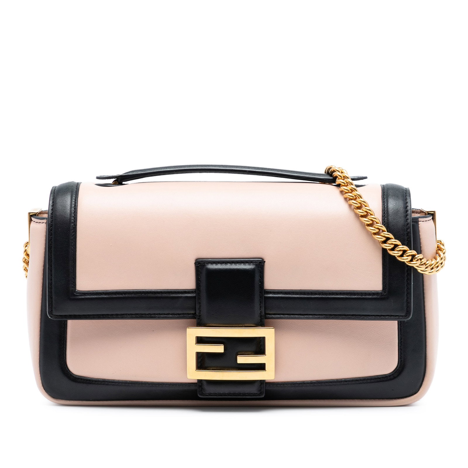 Fendi Bicolor Midi Baguette Leather Shoulder Bag with Chain Strap: Fendi Bicolor Midi Baguette Leather Shoulder Bag with Chain Strap This Fendi Bicolor Leather Chain Midi Baguette is a shoulder bag crafted from leather and features chain link shoulder straps with a l