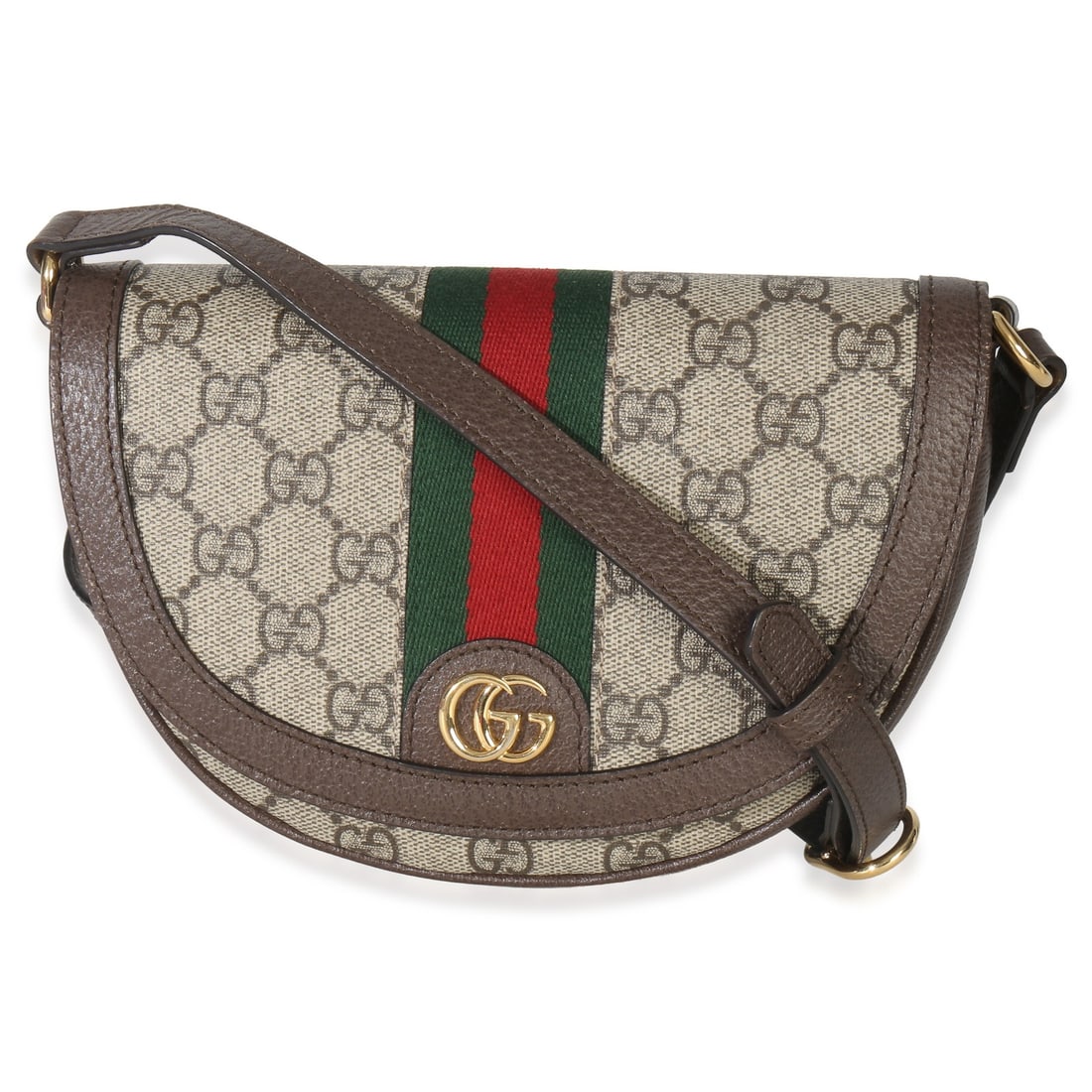Ophidia GG Mini Beige Canvas Curved Flap Shoulder Bag by Gucci: Ophidia GG Mini Beige Canvas Curved Flap Shoulder Bag by Gucci This Gucci Ophidia GG Curved Flap Bag features the signature beige GG Supreme canvas exterior with brown accents. Designed as a mini shou