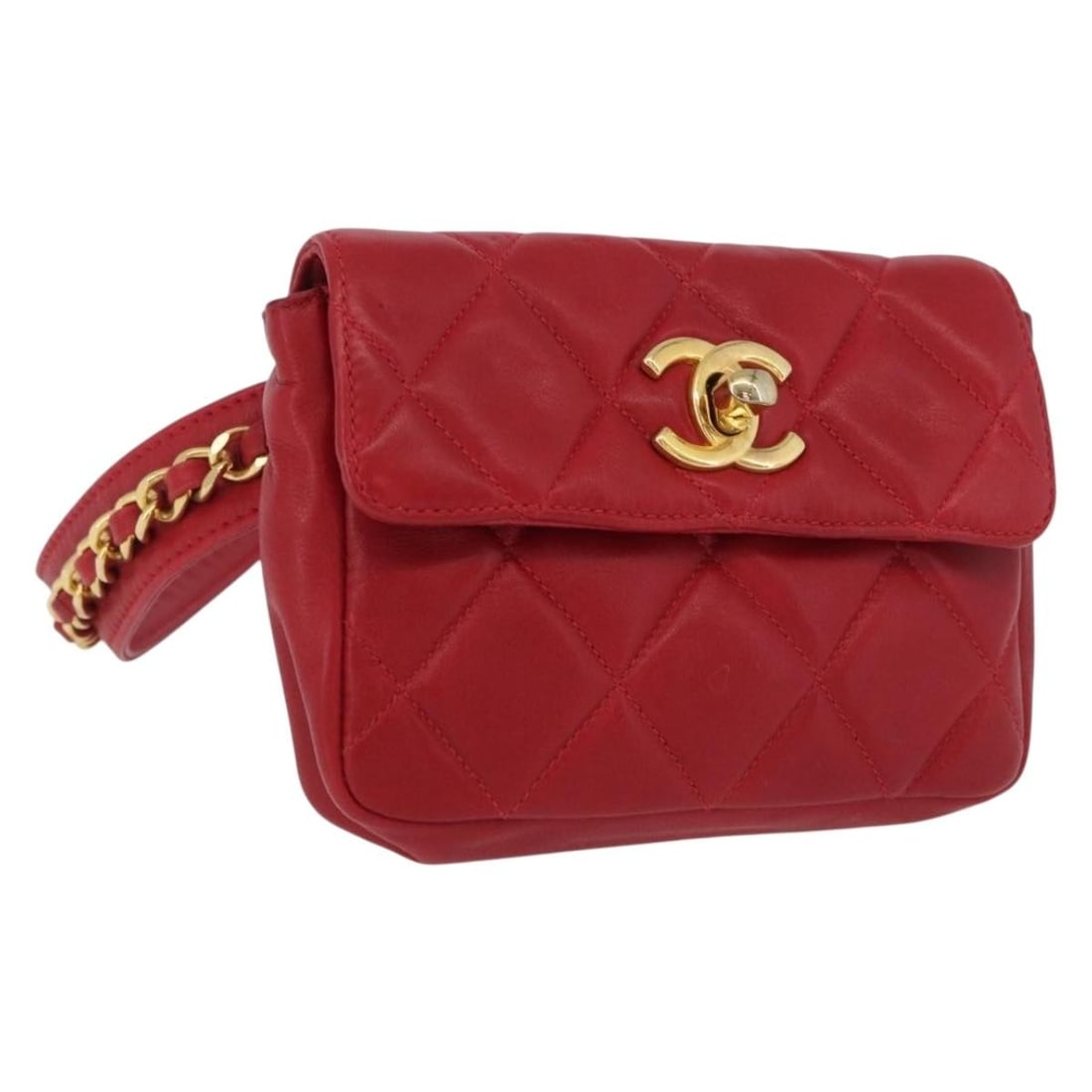 CHANEL Red Lambskin CC Waist Bag Gold Tone Italy: CHANEL Red Lambskin CC Waist Bag Gold Tone Italy This CHANEL Matelasse waist bag is crafted from luxurious lambskin leather in a striking red and gold color combination. Designed for women, it feature
