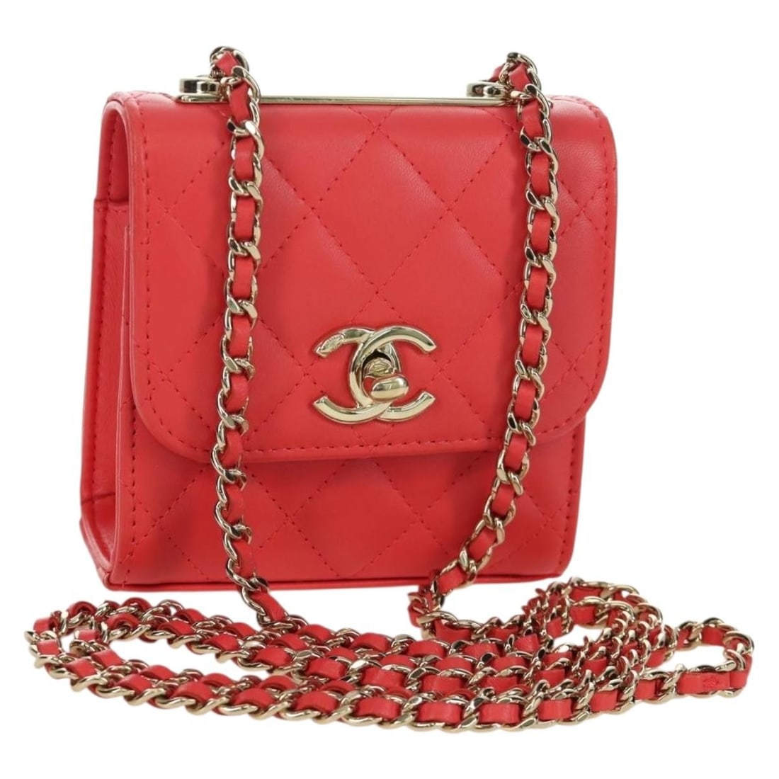 Chanel Mini Matelasse Red Lambskin Gold Chain CC Shoulder Bag with Dust Bag: Chanel Mini Matelasse Red Lambskin Gold Chain CC Shoulder Bag with Dust Bag This CHANEL Chain Mini Matelasse 11 Shoulder Bag features luxurious lambskin leather in a striking red color with gold-tone 