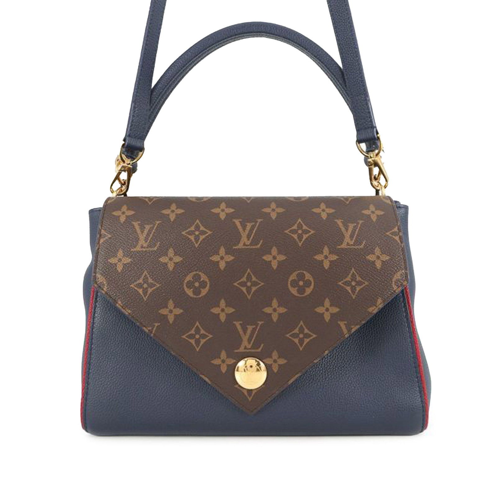 Louis Vuitton Double V Blue Leather Shoulder Bag with Monogram Flap: Louis Vuitton Double V Blue Leather Shoulder Bag with Monogram Flap This Louis Vuitton Double V Satchel features a blue leather body with a signature monogram canvas and leather front flap, complement