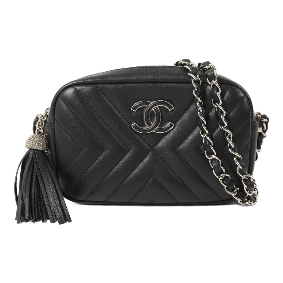 CHANEL Black Calfskin Chain Shoulder Camera Bag: CHANEL Black Calfskin Chain Shoulder Camera Bag This CHANEL shoulder bag features a classic camera bag silhouette crafted from black calfskin leather. The design includes the iconic CC logo and silver