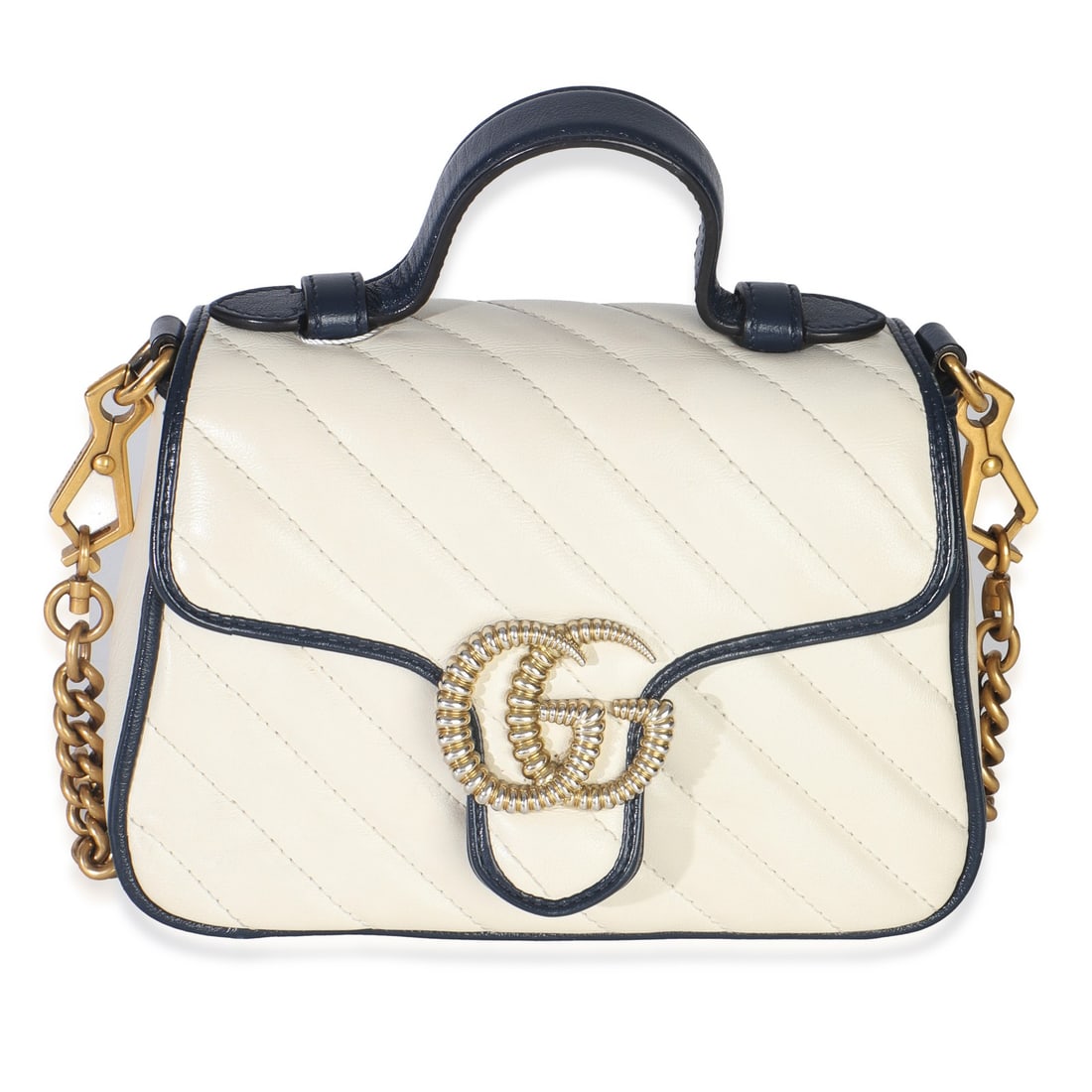 Mini GG Marmont Top Handle Bag in White Navy Matelasse Leather by Gucci: Mini GG Marmont Top Handle Bag in White Navy Matelasse Leather by Gucci This Gucci Mini GG Marmont Top Handle Bag features a navy and white matelasse diagonal design crafted from calfskin leather. The