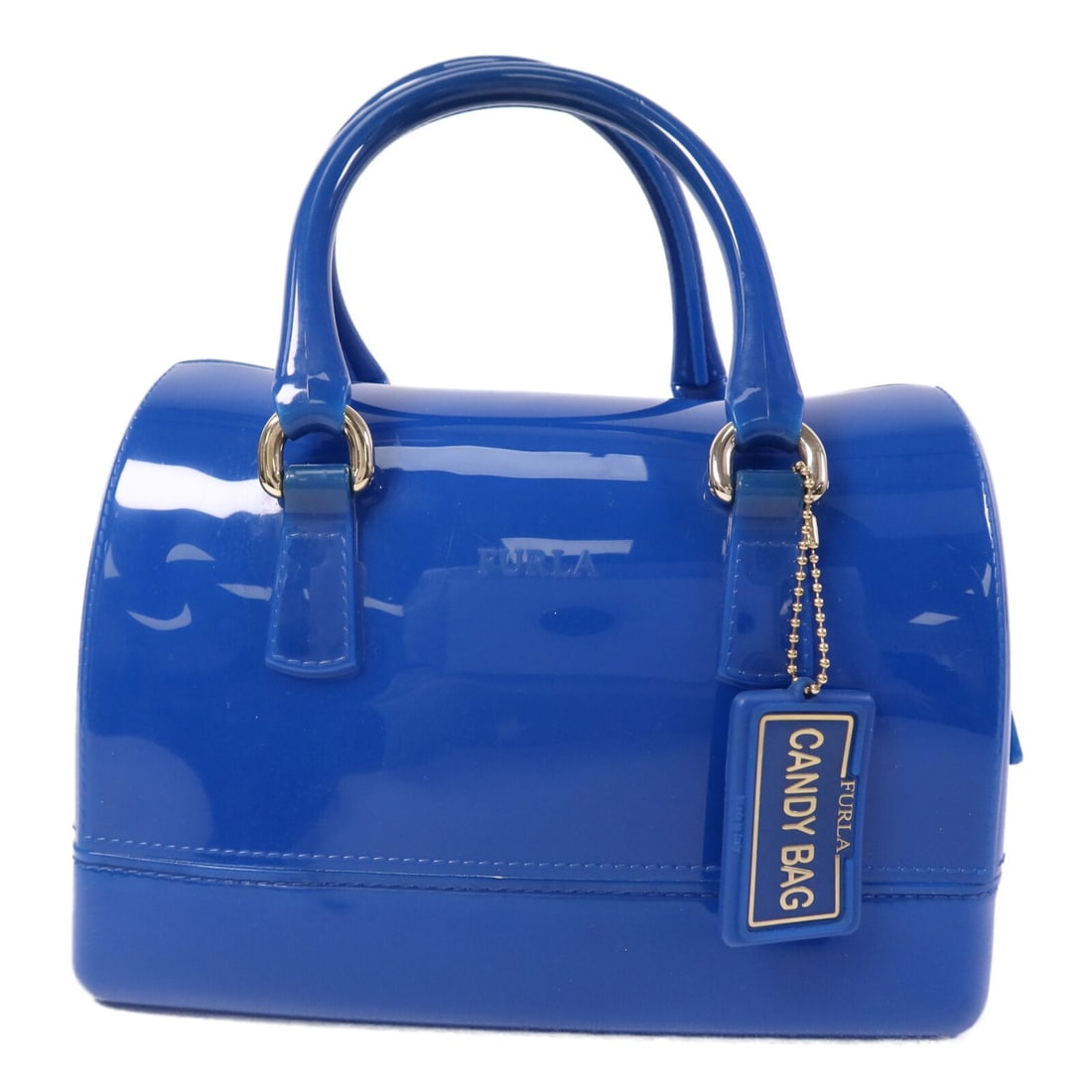 Furla Candy Cookie Blue PVC Satchel with Gold Hardware: Furla Candy Cookie Blue PVC Satchel with Gold Hardware This Furla Candy Cookie S Sachel handbag features a blue PVC exterior and a structured silhouette. Designed for women, it offers a stylish and pr