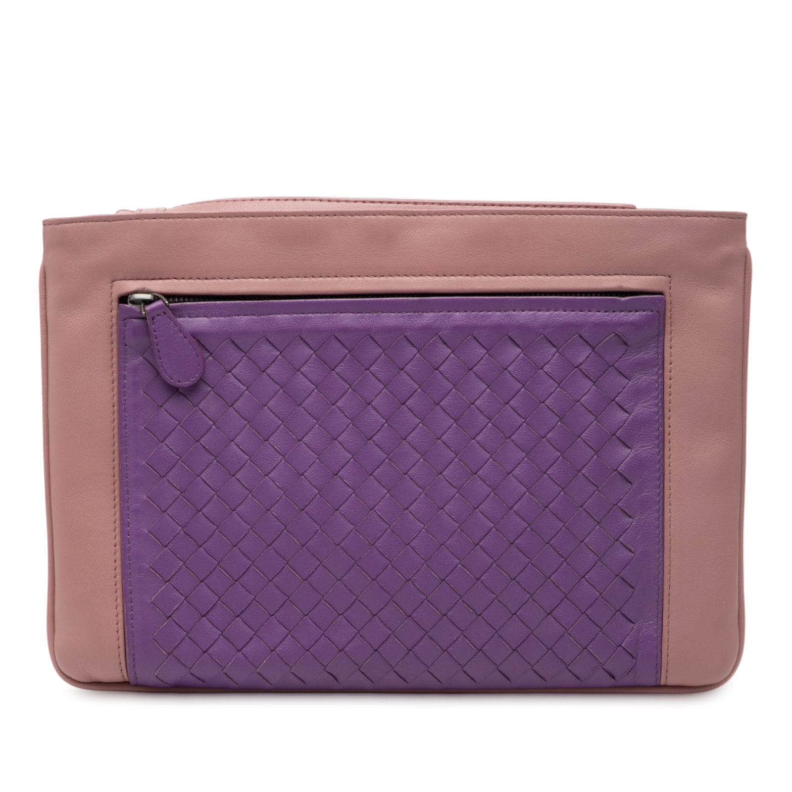 Intrecciato Leather Bicolor Wristlet Clutch by Bottega Veneta: Intrecciato Leather Bicolor Wristlet Clutch by Bottega Veneta This Bottega Veneta Bicolor Nappa Intrecciato Wristlet Clutch features woven nappa leather in a bicolor design, a top zip closure, and an 
