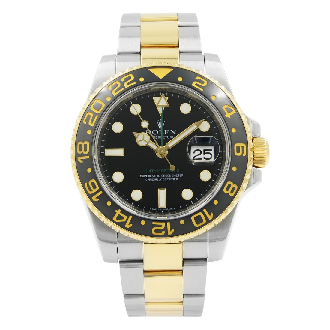 GMT-Master II 116713LN Black Dial Two-Tone Ceramic Bezel Rolex Men's Watch: GMT-Master II 116713LN Black Dial Two-Tone Ceramic Bezel Rolex Men's Watch This pre-owned Rolex GMT-Master II features a polished stainless steel and yellow gold case with a matching Oyster bracelet. 