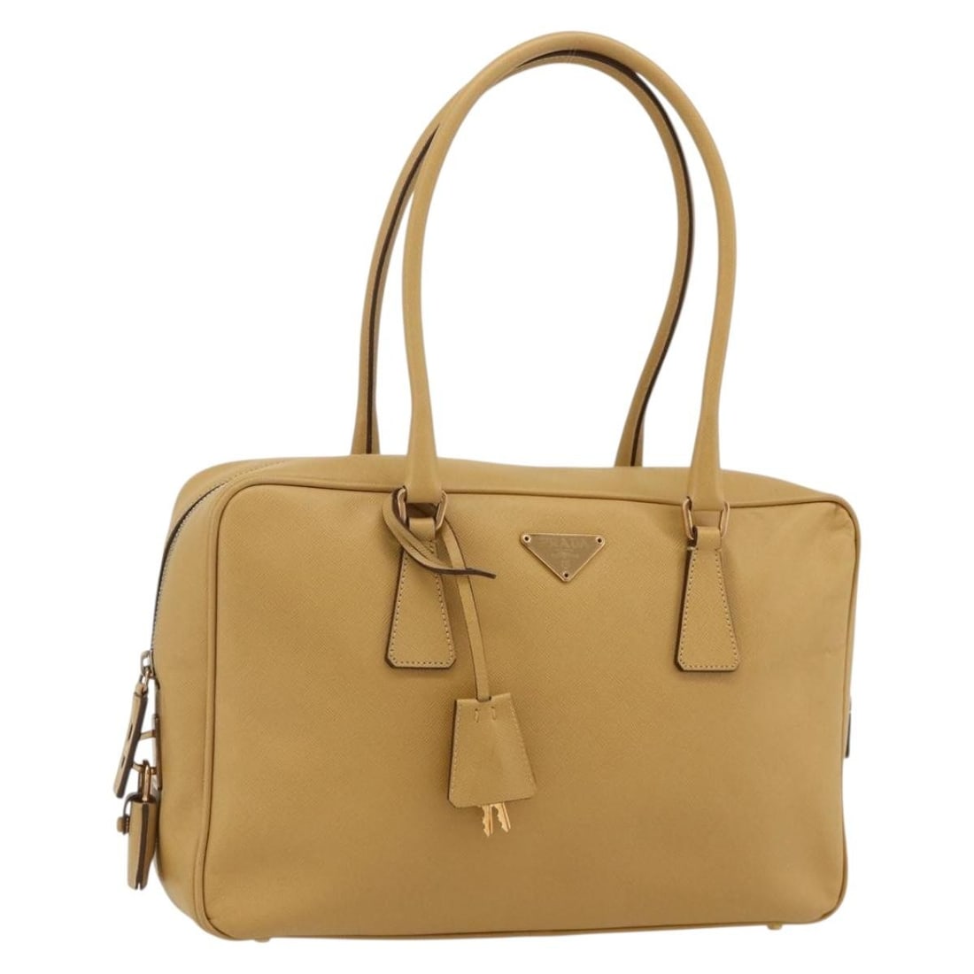 Prada Saffiano Leather Beige Gold Handbag with Dust Bag and Padlock: Prada Saffiano Leather Beige Gold Handbag with Dust Bag and Padlock This PRADA handbag is crafted from durable Saffiano leather in a sophisticated beige and gold color combination. Designed for women,