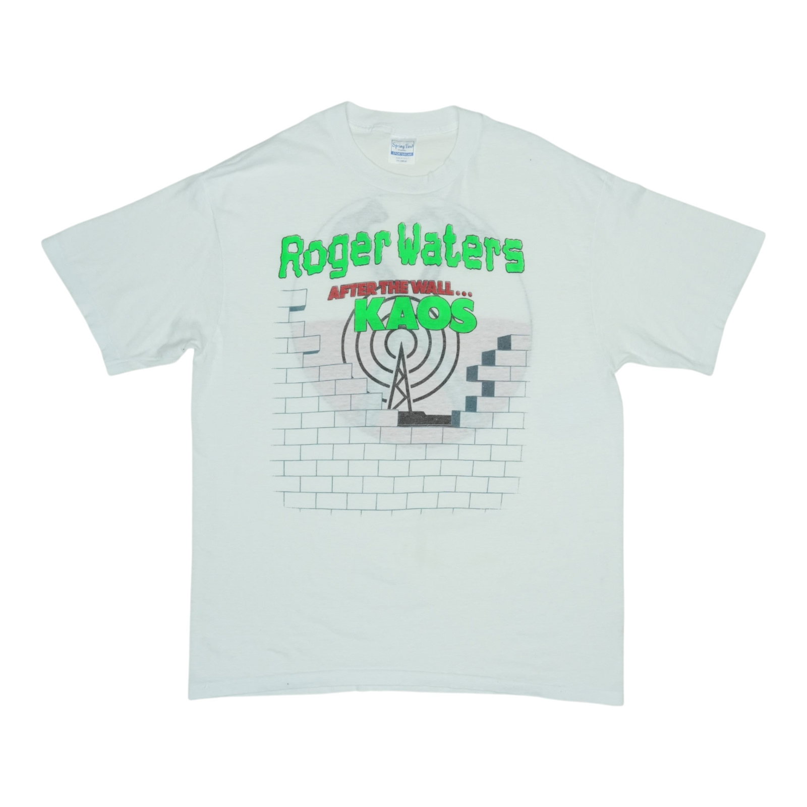 Vintage 1987 Roger Waters Tour Kaos White Poly Cotton T Shirt: Vintage 1987 Roger Waters Tour Kaos White Poly Cotton T Shirt This is an original vintage 1987 Roger Waters After The Wall Tour Kaos shirt. Featuring front and back graphics, this authentic tour shirt