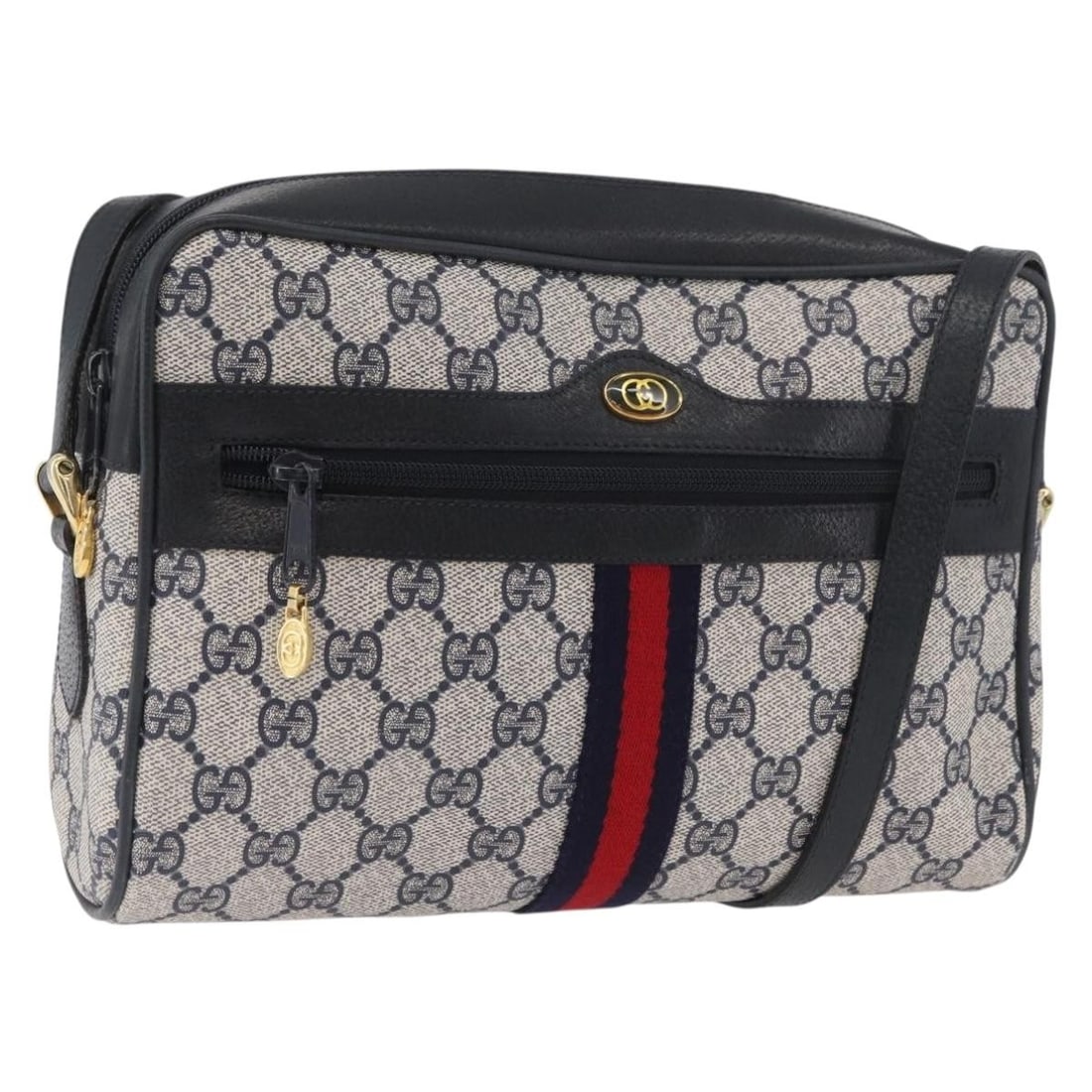 Gucci Sherry Line GG Supreme Navy PVC Shoulder Bag 68 02 005: Gucci Sherry Line GG Supreme Navy PVC Shoulder Bag 68 02 005 This is a GUCCI GG Supreme Sherry Line shoulder bag crafted from PVC leather and GG canvas, featuring a navy, gold, and red color scheme. T