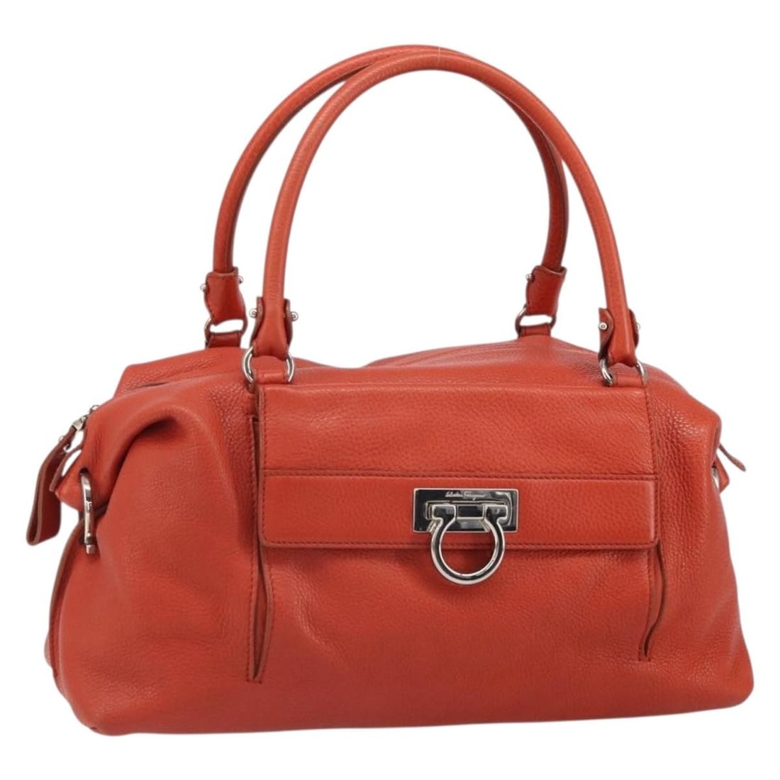 Red Leather Gancini Handbag by Salvatore Ferragamo with Dust Bag: Red Leather Gancini Handbag by Salvatore Ferragamo with Dust Bag This Salvatore Ferragamo Gancini handbag is crafted from red leather with silver-tone accents. Featuring a structured silhouette, the b