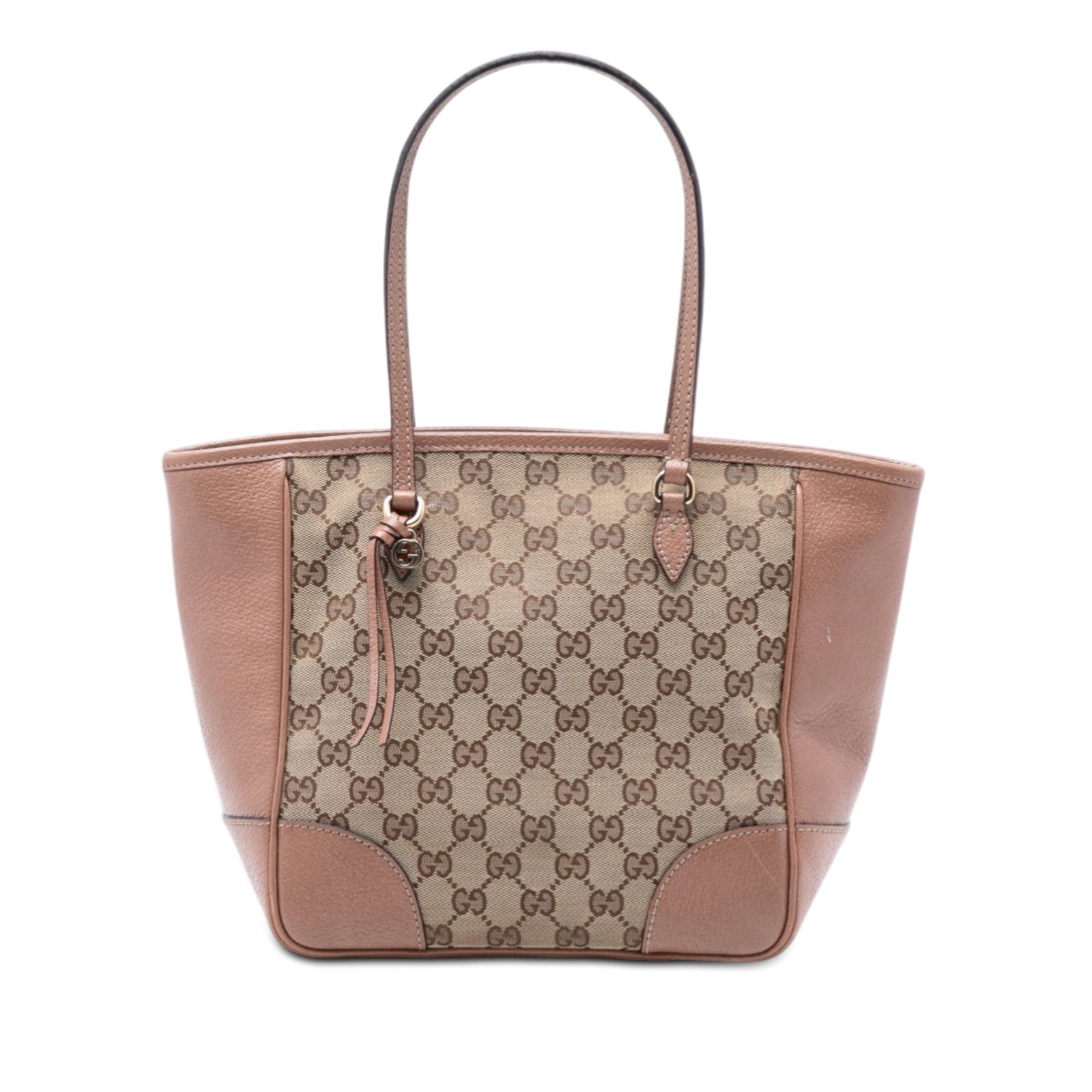 Beige GG Canvas Bree Tote Bag with Leather Trim by Gucci: Beige GG Canvas Bree Tote Bag with Leather Trim by Gucci This Gucci GG Canvas Bree Tote features a beige canvas body with leather trim, flat leather handles, a top zip closure, and interior zip and sl