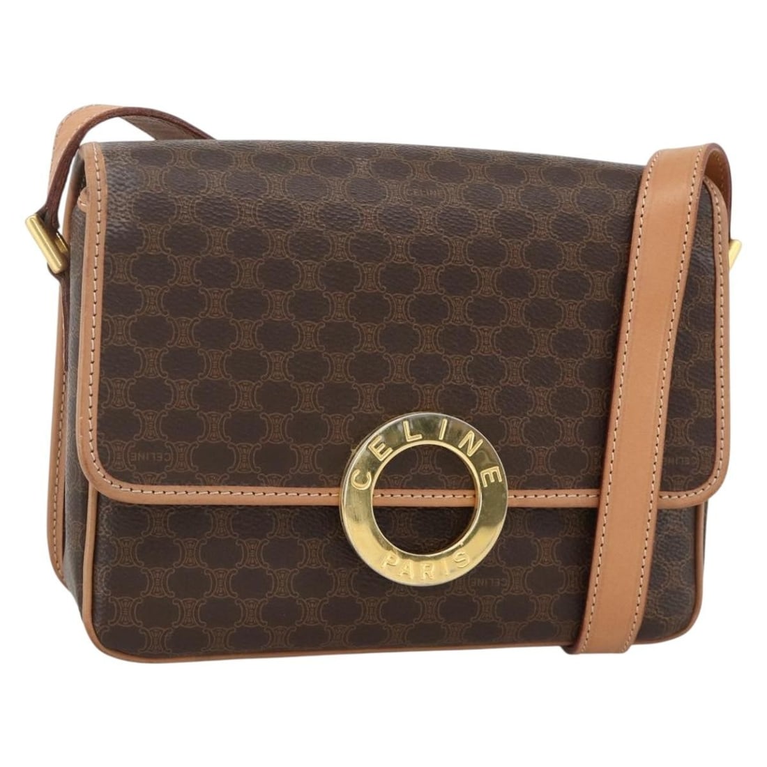 Celine Macadam Canvas Brown Shoulder Bag with PVC Leather Trim and Gold Accents: Celine Macadam Canvas Brown Shoulder Bag with PVC Leather Trim and Gold Accents This Celine Macadam shoulder bag features a brown and gold PVC leather exterior with the signature Macadam canvas patter