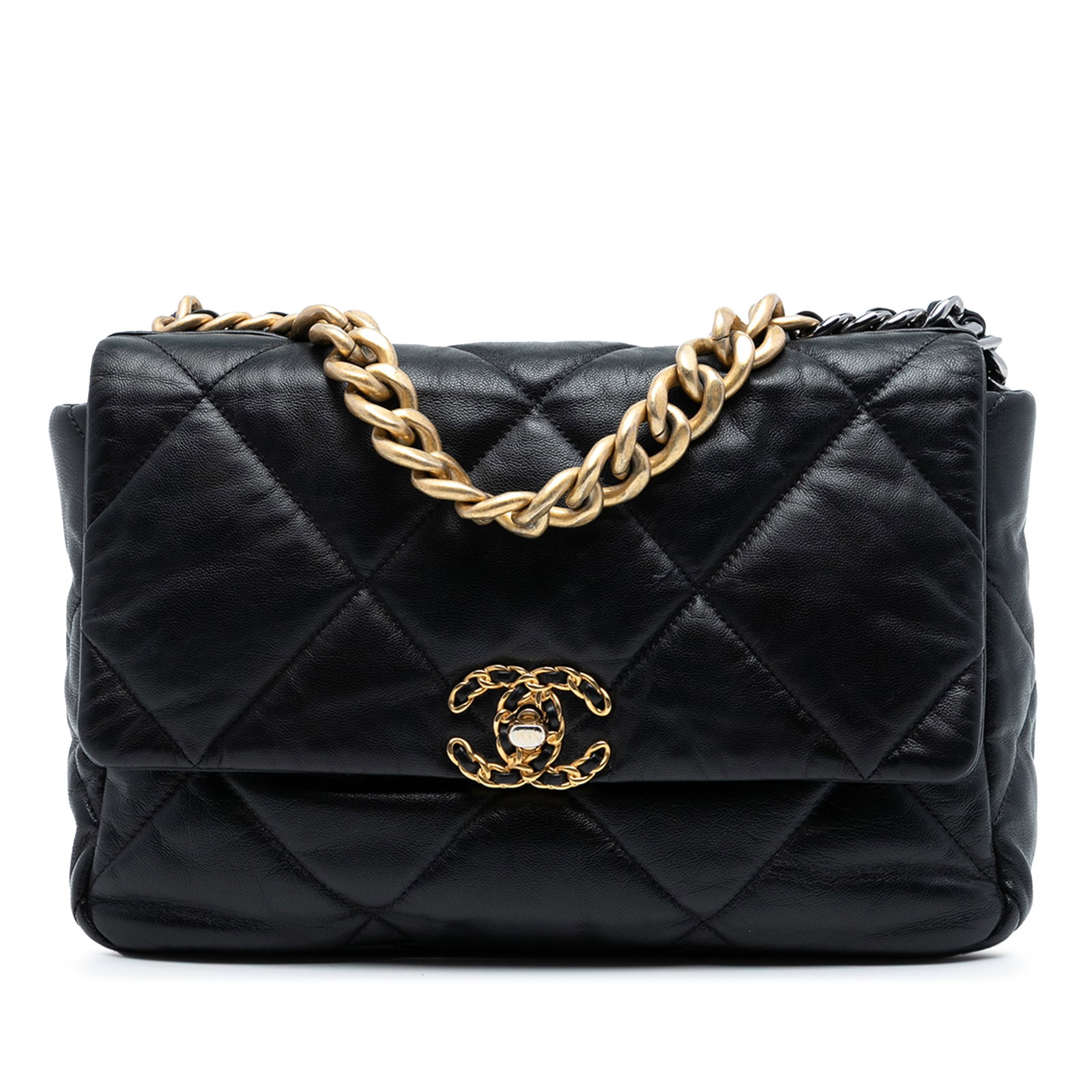 Chanel 19 Large Quilted Lambskin Flap Bag with Chain Handle: Chanel 19 Large Quilted Lambskin Flap Bag with Chain Handle This Chanel Large 19 Flap bag is crafted from quilted lambskin leather in black and features a chain-link handle, a woven leather chain shou