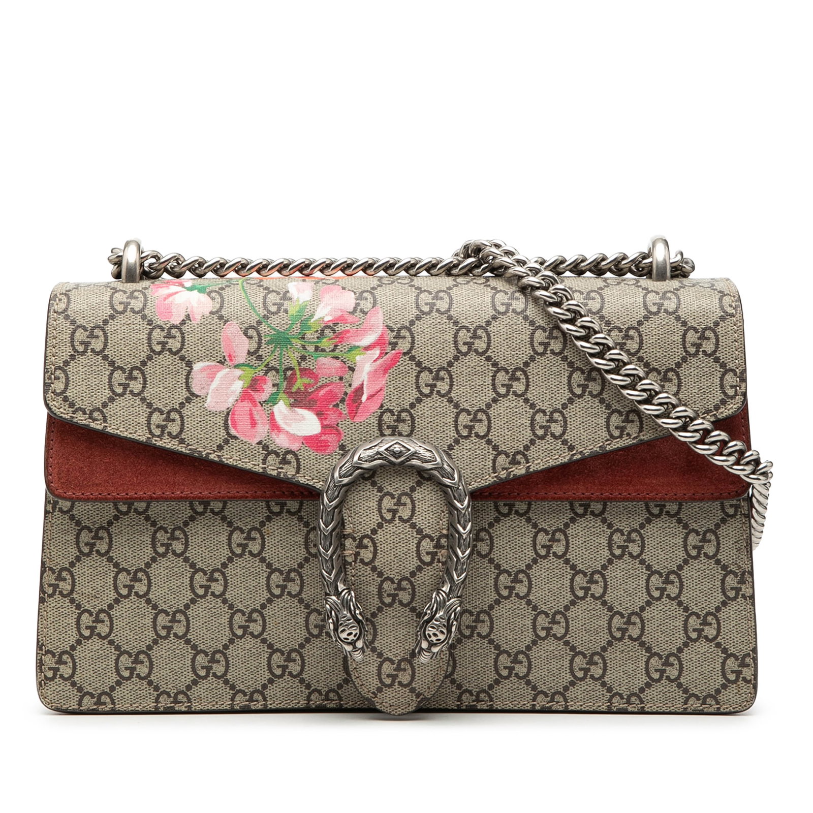 Gucci Dionysus Blooms Shoulder Bag Medium GG Supreme Canvas: Gucci Dionysus Blooms Shoulder Bag Medium GG Supreme Canvas The Gucci Medium GG Supreme Blooms Dionysus Shoulder Bag is crafted from coated canvas with suede leather trim and features a chain link sho