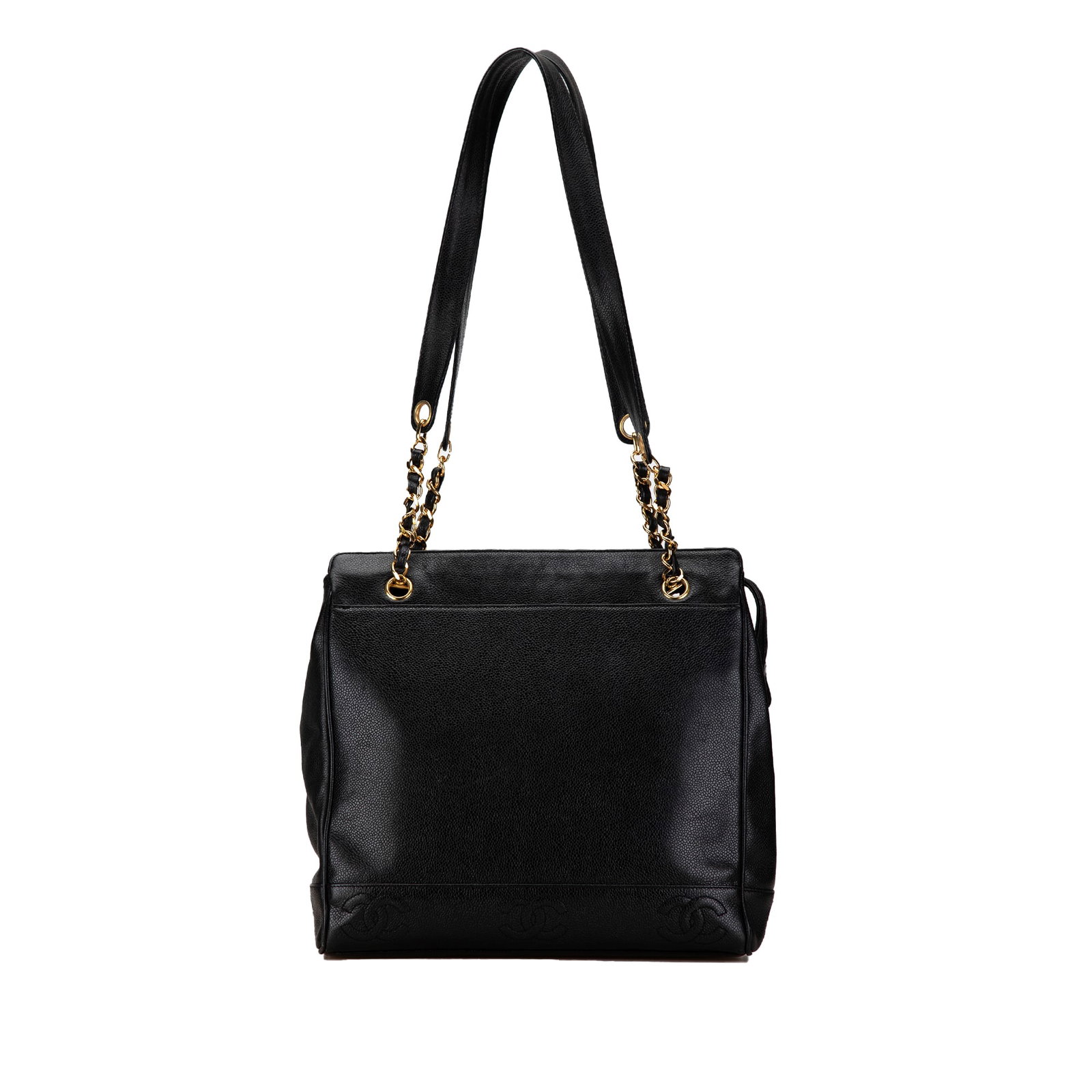 Black Caviar Leather Chanel Triple CC Shoulder Bag with Chain Straps: Black Caviar Leather Chanel Triple CC Shoulder Bag with Chain Straps This Chanel Triple CC Caviar Shoulder Bag is crafted from black caviar leather and features an exterior front slip pocket, curb cha