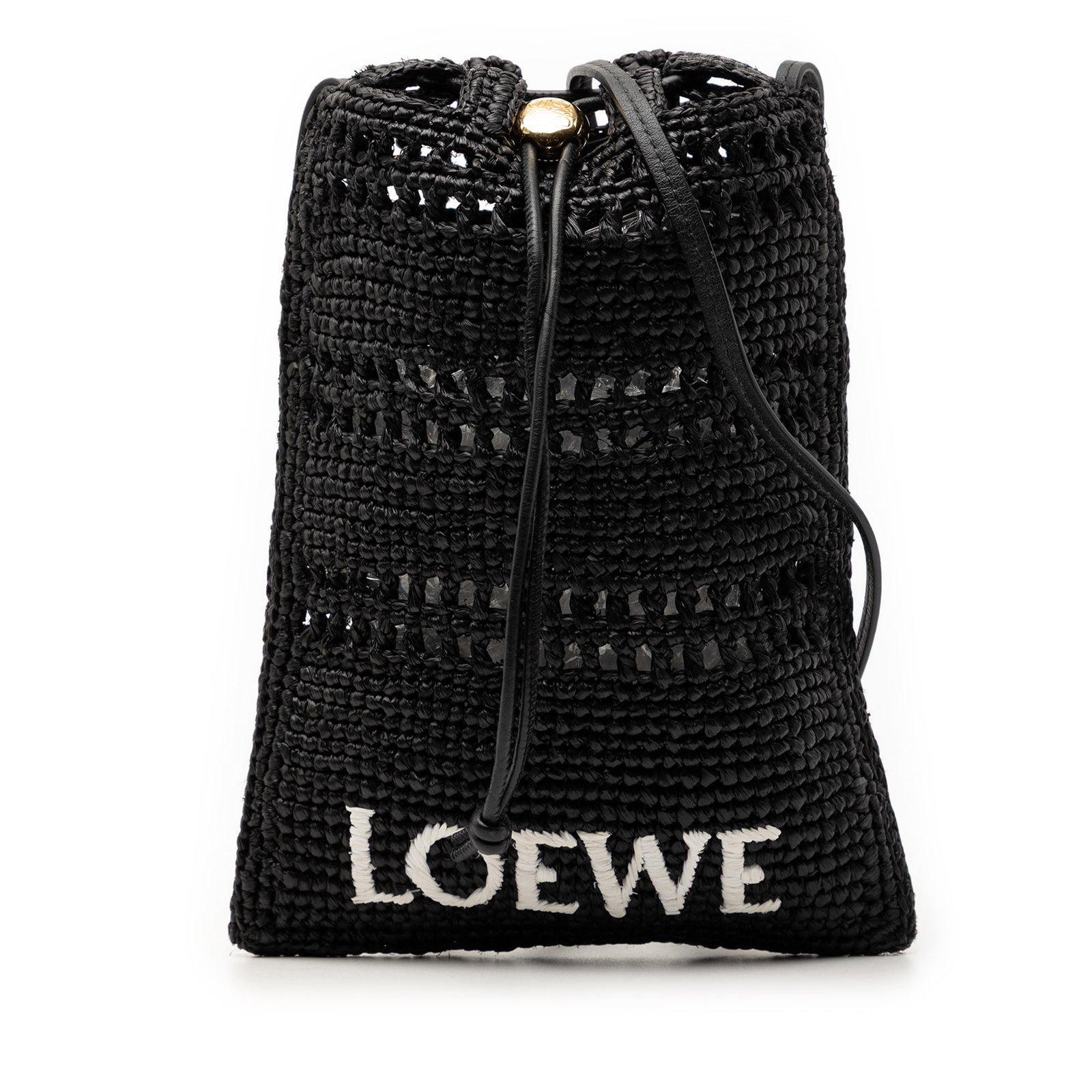 Loewe Paula Ibiza Raffia Crossbody Bag with Drawstring Closure: Loewe Paula Ibiza Raffia Crossbody Bag with Drawstring Closure This LOEWE Paula Ibiza Raffia Drawstring Pocket Crossbody bag features a raffia body with a flat leather shoulder strap and a drawstring 