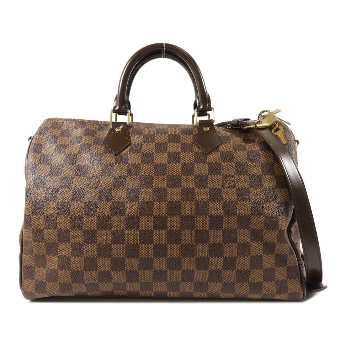 Louis Vuitton Damier Brown Speedy Bandouliere 35 2way Shoulder Bag: Louis Vuitton Damier Brown Speedy Bandouliere 35 2way Shoulder Bag This Louis Vuitton Speedy Bandouliere 35 handbag features the iconic Damier pattern in brown PVC coated canvas. Designed as a versati