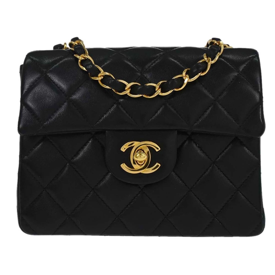 CHANEL Classic Flap black lambskin crossbody mini bag: CHANEL Classic Flap black lambskin crossbody mini bag This Chanel Mini Classic Square Flap Shoulder Bag features luxurious black lambskin leather with a signature matelasse quilted pattern. Designed i