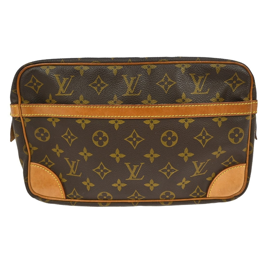 Louis Vuitton Compiegne 28 Monogram Canvas Medium Clutch Bag M51845: Louis Vuitton Compiegne 28 Monogram Canvas Medium Clutch Bag M51845 This Louis Vuitton Compiegne 28 clutch handbag features the iconic Monogram canvas with brown leather trim. The medium-sized vintage