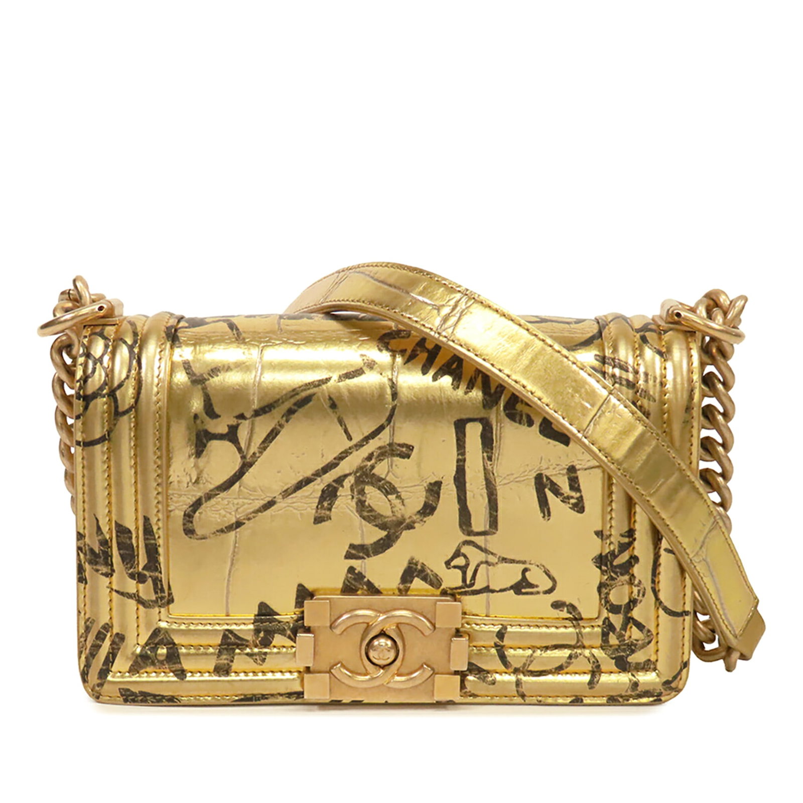 Chanel Boy Flap Small Croc Embossed Graffiti Leather Shoulder Bag: Chanel Boy Flap Small Croc Embossed Graffiti Leather Shoulder Bag This Chanel Small Croc Embossed Leather Graffiti Cocodile Boy Flap bag features an embossed and printed leather exterior with a distin