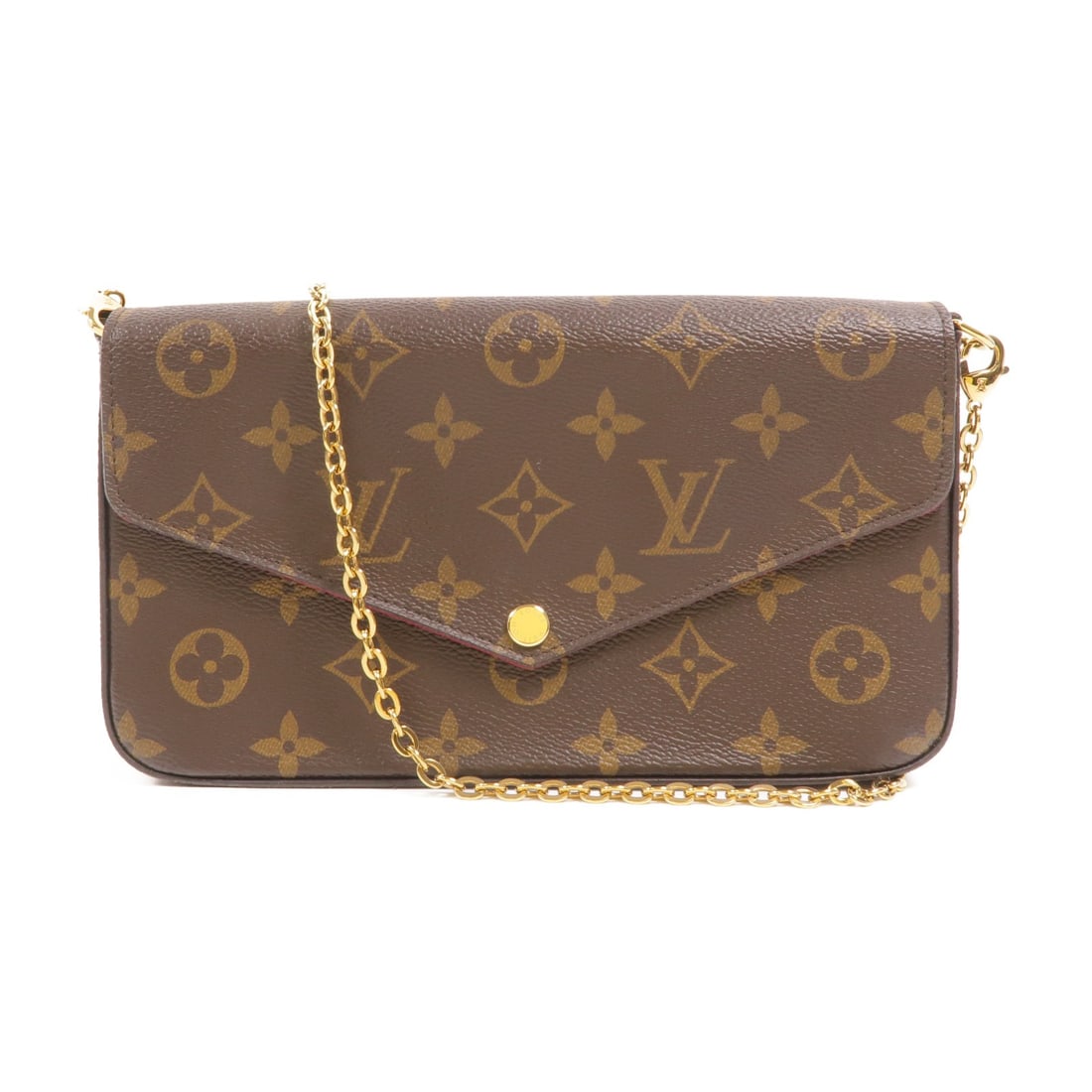Louis Vuitton Felicie Chain Shoulder Bag Monogram Brown GHW M61276: Louis Vuitton Felicie Chain Shoulder Bag Monogram Brown GHW M61276 This Louis Vuitton Pochette Felicie chain shoulder bag features the iconic monogram brown PVC coated canvas exterior. Designed for wo