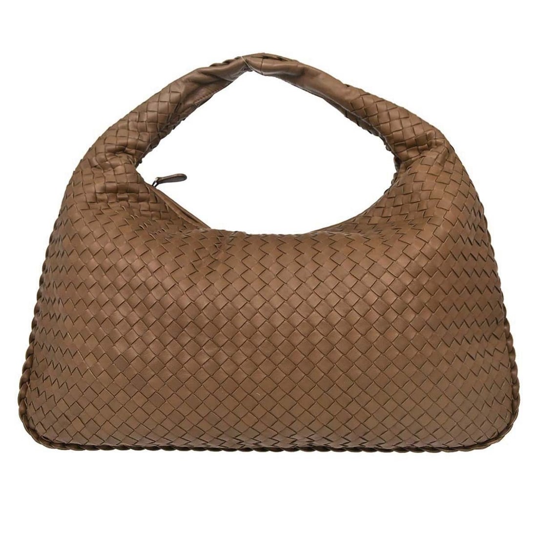 Bottega Veneta Intrecciato Brown Lambskin Hobo Bag 19 in: Bottega Veneta Intrecciato Brown Lambskin Hobo Bag 19 in This Bottega Veneta hobo handbag features the iconic Intrecciato woven leather design in a rich brown lambskin. The large-sized bag is crafted 