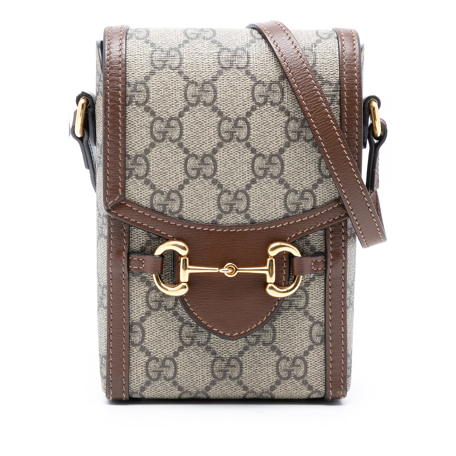 Beige Mini Horsebit 1955 Crossbody Bag with GG Supreme Canvas by Gucci: Beige Mini Horsebit 1955 Crossbody Bag with GG Supreme Canvas by Gucci This Gucci Mini GG Supreme Horsebit 1955 Crossbody bag features a coated canvas body with leather trim, an adjustable flat leathe