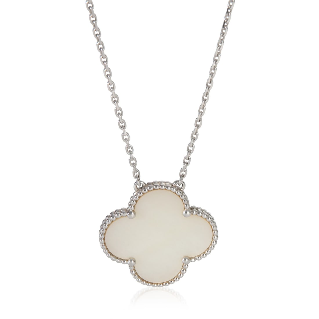 Van Cleef and Arpels Magic Alhambra 18k White Gold Mother of Pearl Pendant: Van Cleef and Arpels Magic Alhambra 18k White Gold Mother of Pearl Pendant This Van Cleef & Arpels Magic Alhambra pendant features a stunning mother of pearl centerpiece set in 18k white gold. Designe