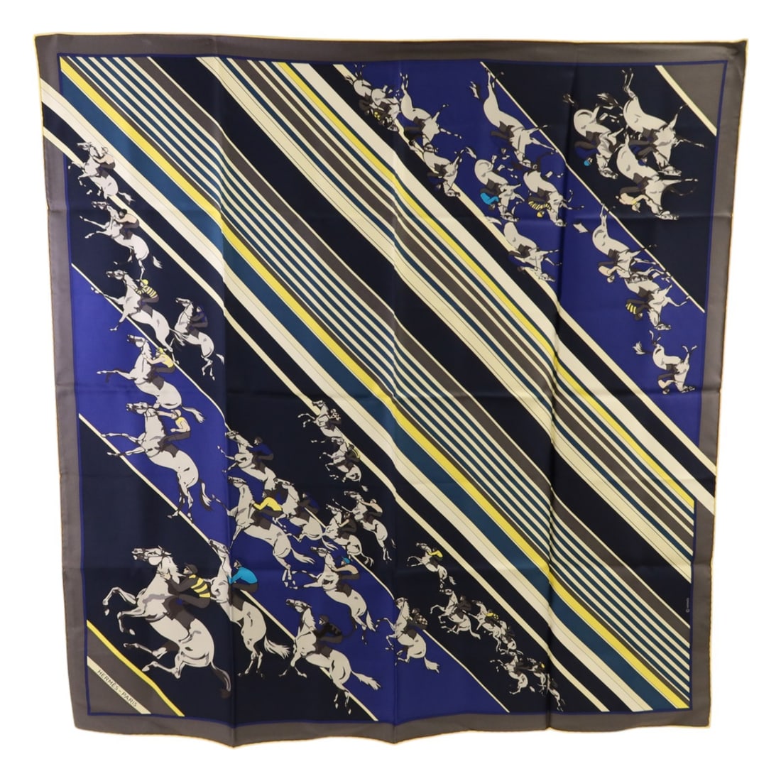Hermes Silk Scarf 90x90 Blue Yellow Multicolor Accessory: Hermes Silk Scarf 90x90 Blue Yellow Multicolor Accessory This Hermes scarf features a vibrant blue, yellow, and multicolor design. Crafted from luxurious silk, it offers a stylish accessory option for